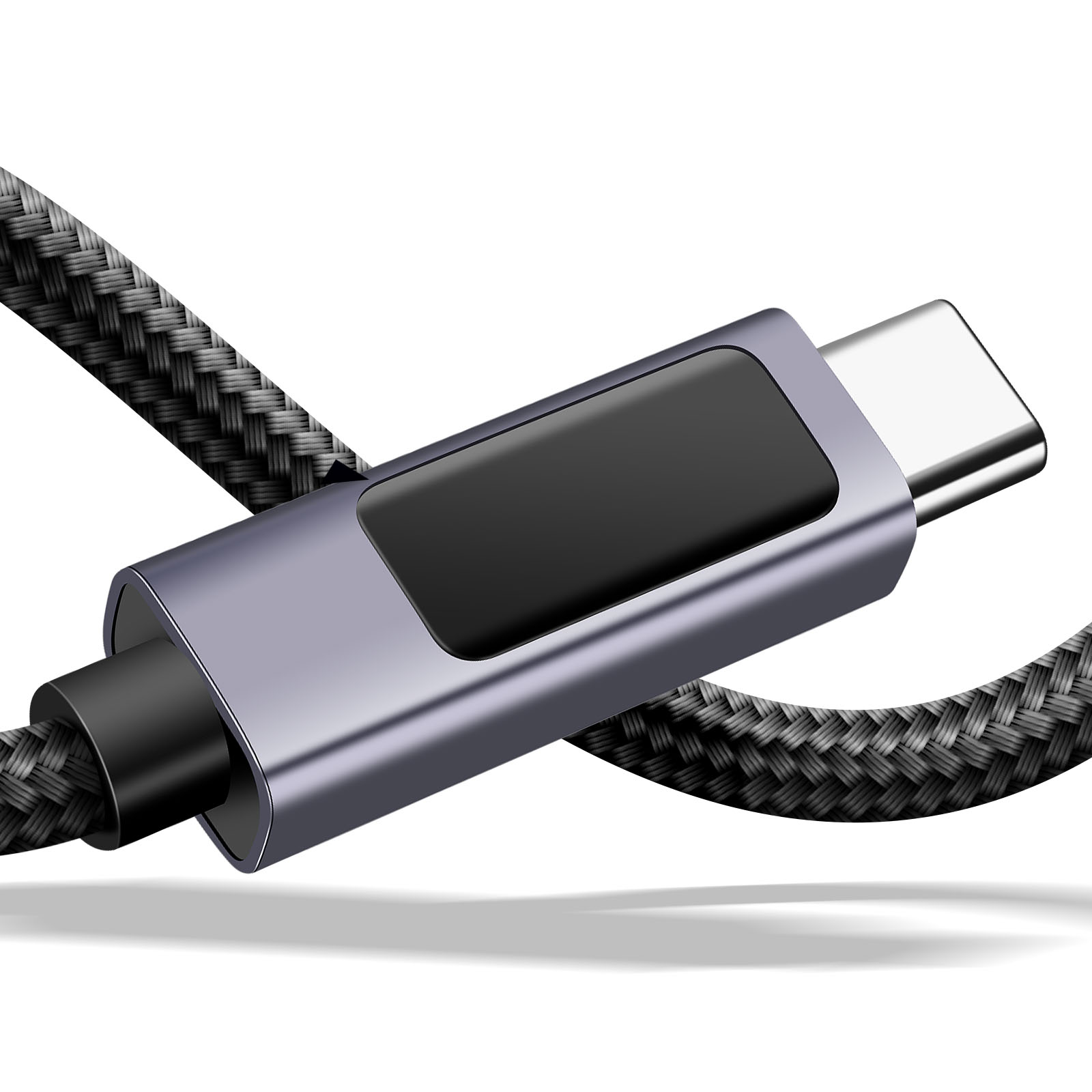 Un cavo USB-C grigio con treccia nera e connettore argentato.