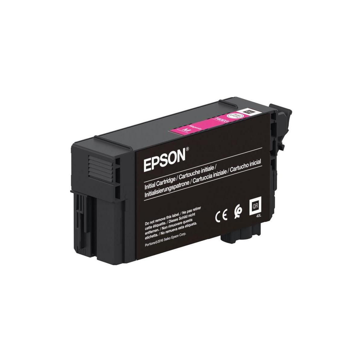 Cartuccia d'inchiostro Epson nera con etichetta magenta. Testo multilingue.