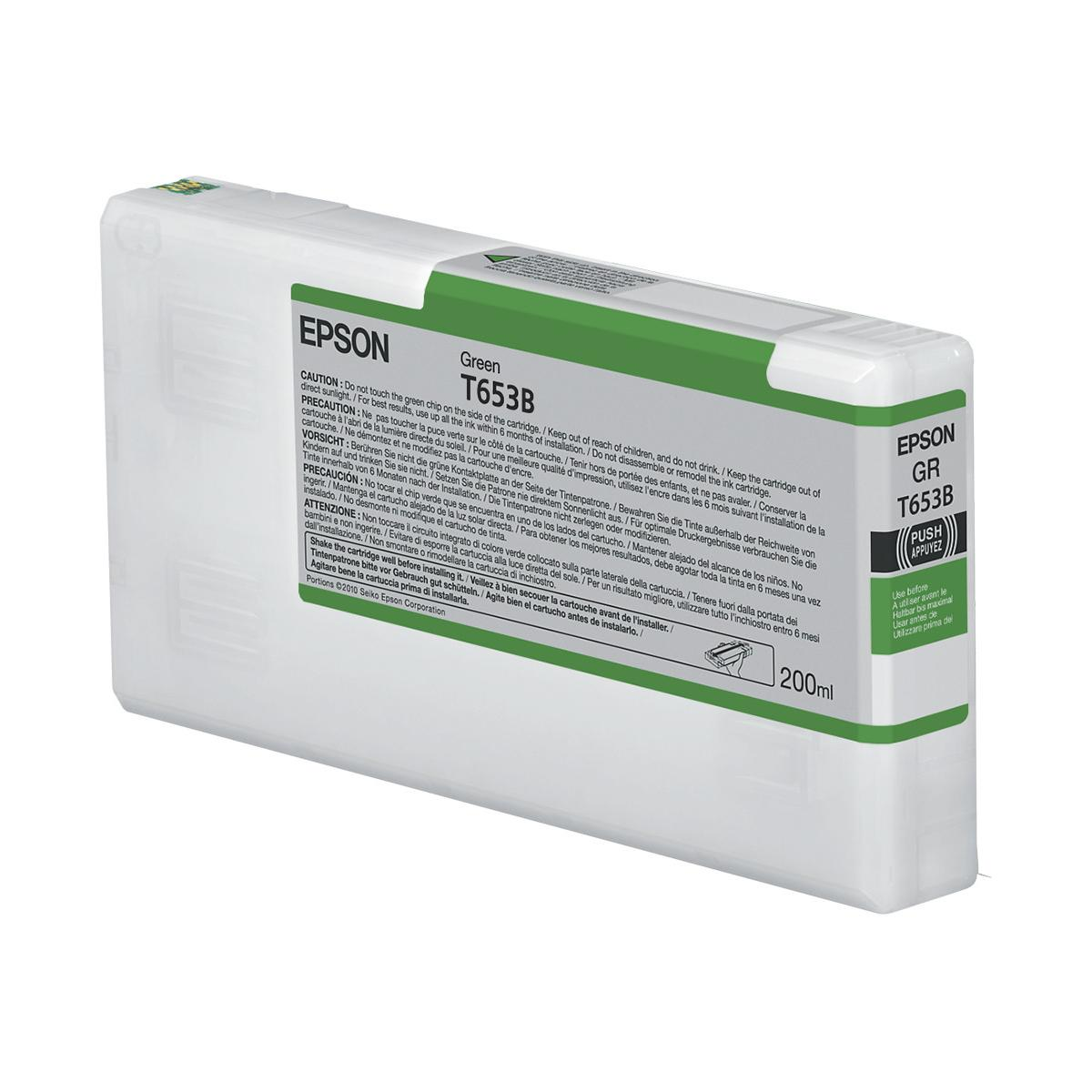 Cartuccia d'inchiostro Epson T653B verde con avvisi e volume 200ml.