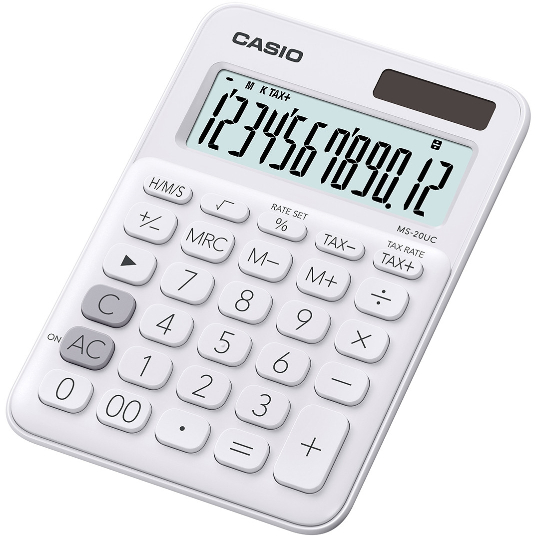 Calcolatrice Casio MS-20UC bianca con grande schermo LCD che mostra numeri.