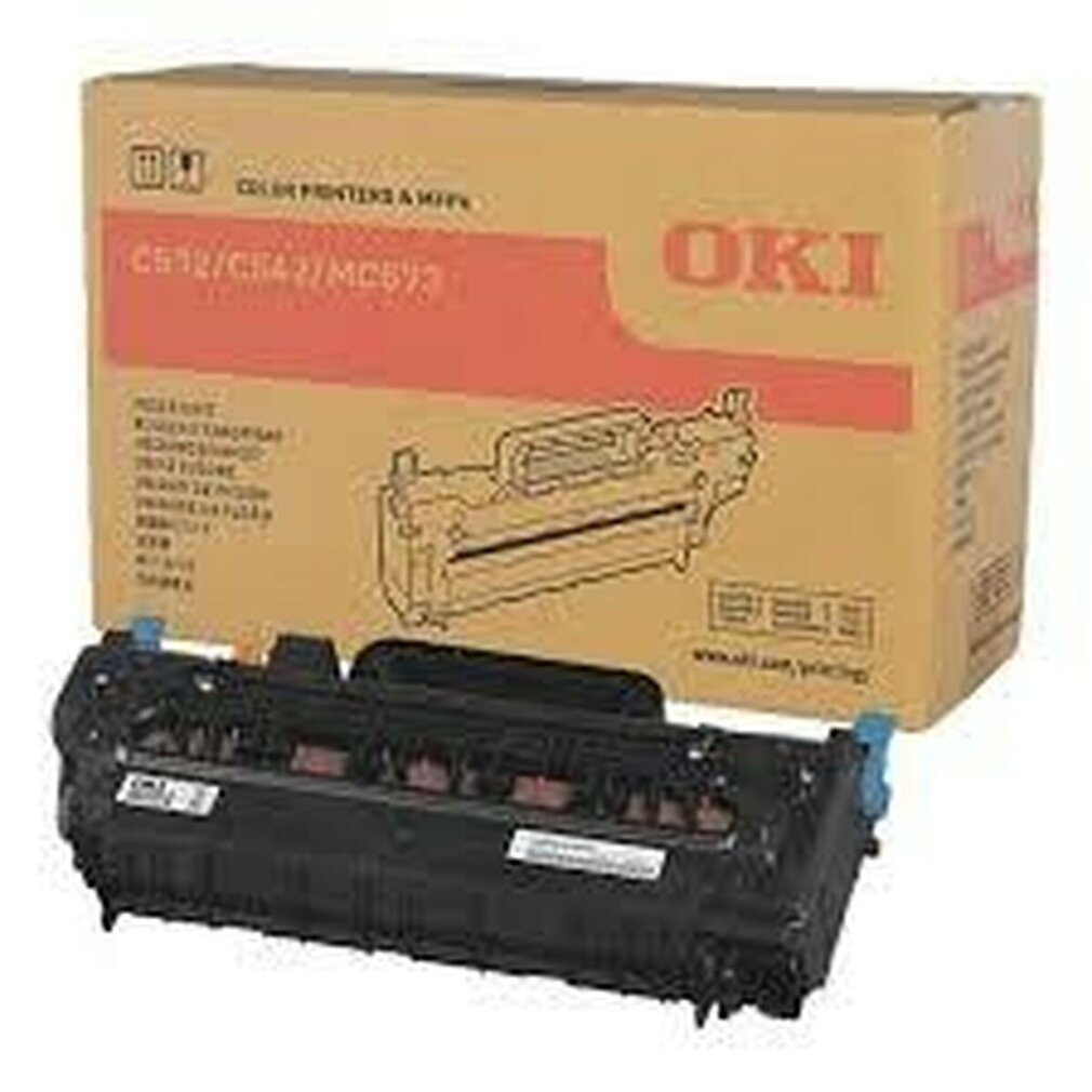 Scatola di cartucce toner OKI con cartuccia toner nera davanti.