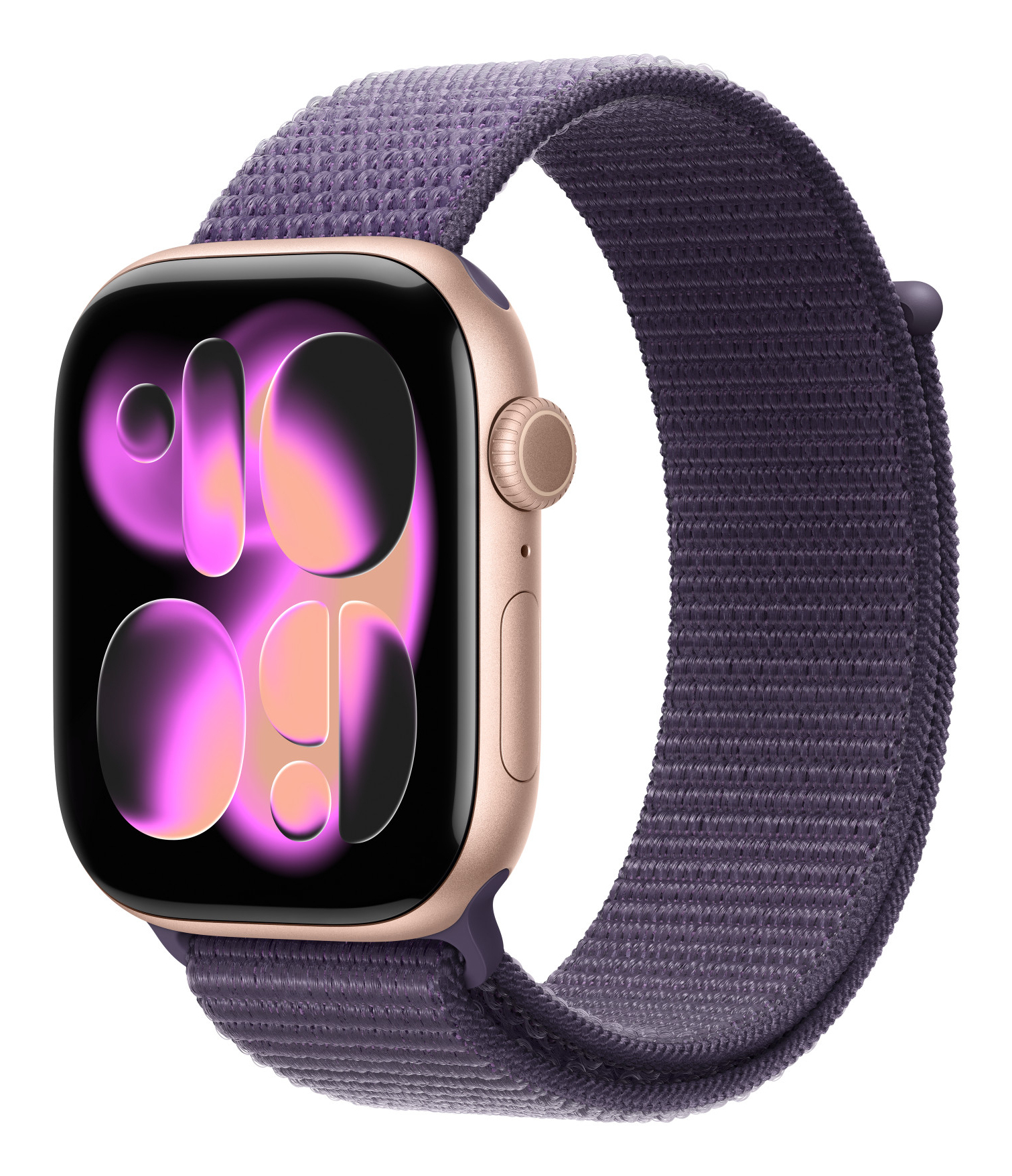 Złoty Apple Watch z fioletową opaską na białym tle. Godzina 10:09.