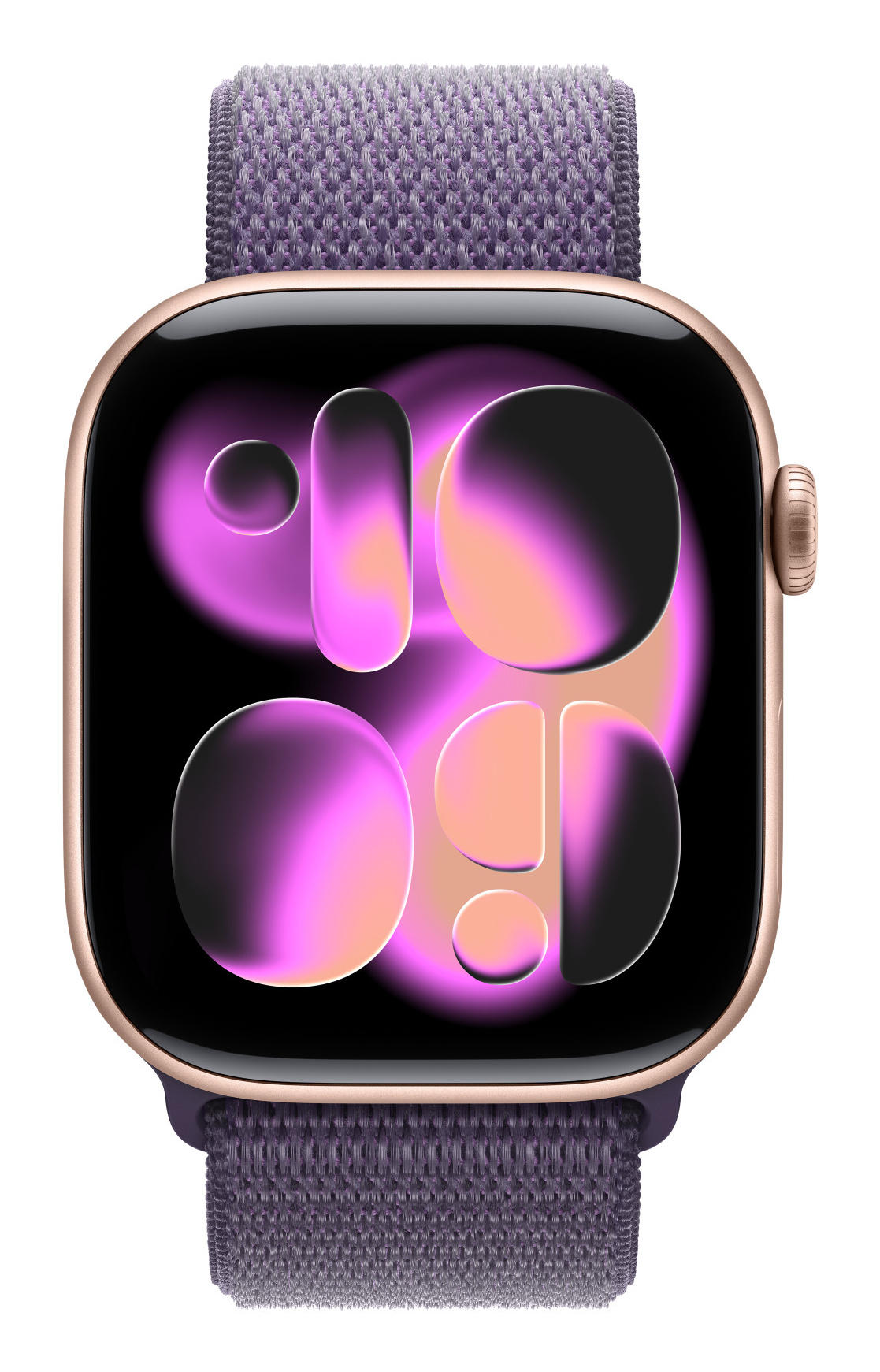 Złoty Apple Watch z fioletową tkaną bransoletą wyświetla kolorową, abstrakcyjną tarczę.