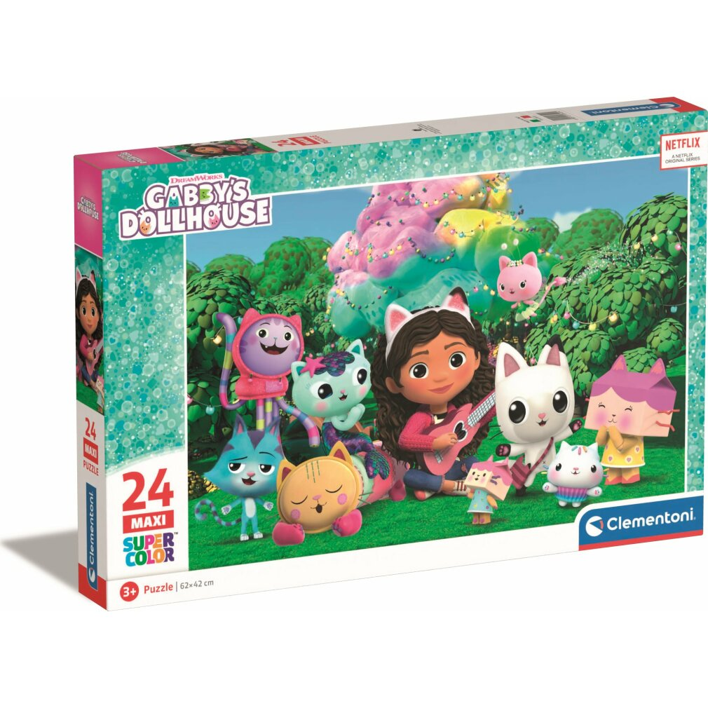 L'illustrazione della scatola del puzzle Gabby's Dollhouse mostra Gabby e personaggi felini in una scena colorata e festosa.