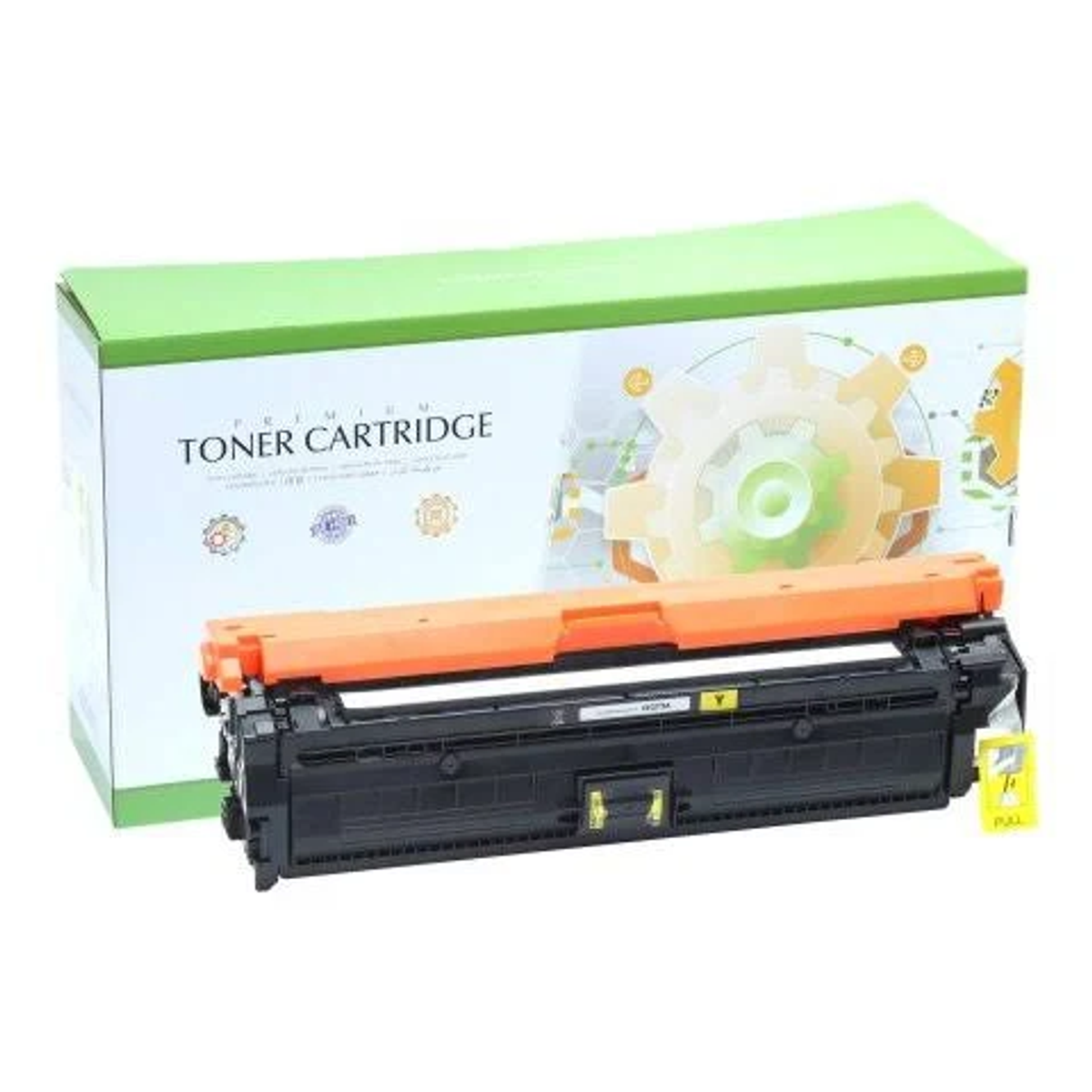Una cartuccia toner nera con accenti arancioni si trova davanti alla sua scatola verde e bianca.