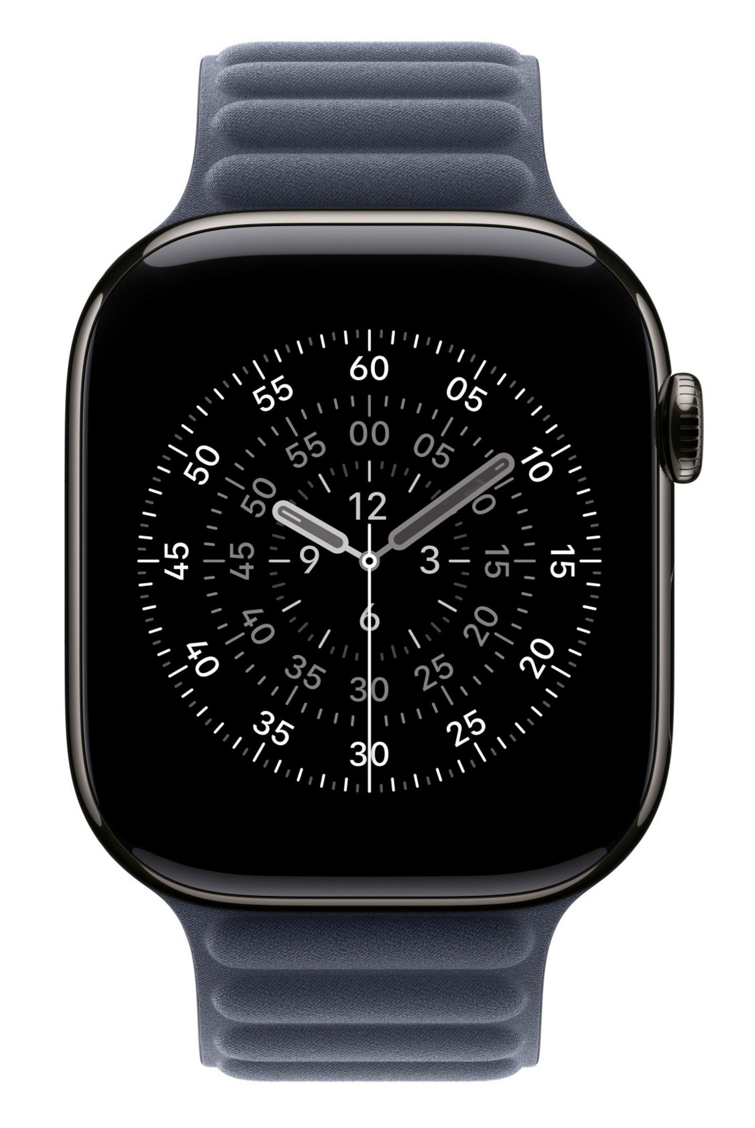 Uno smartwatch nero con cinturino blu mostra un quadrante analogico dettagliato con indicatori bianchi.