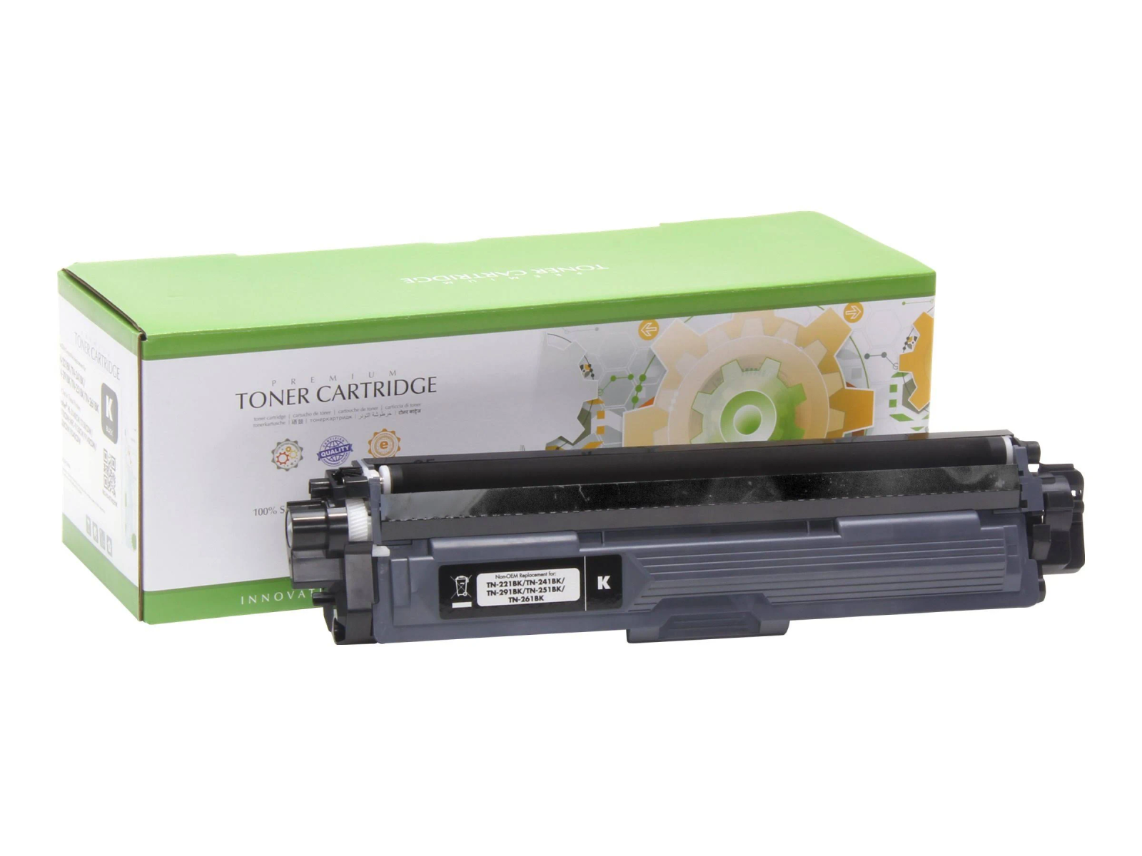 Una cartuccia toner nera è accanto alla sua scatola verde e bianca, entrambe mostrano testo.