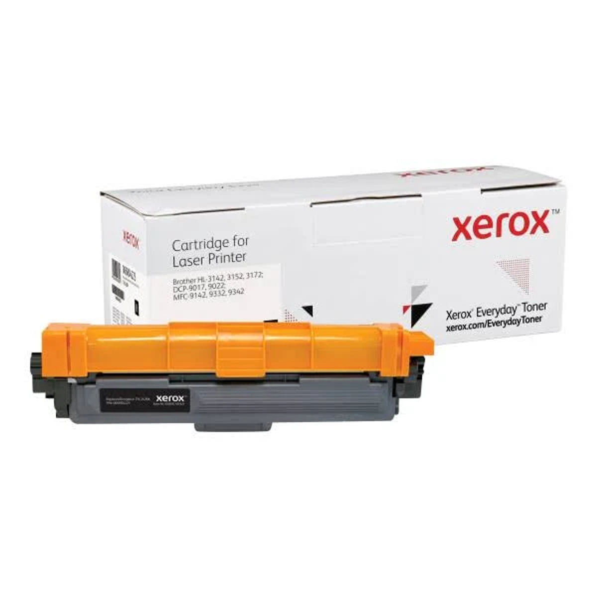 Cartuccia toner per stampante laser Xerox grigia e arancione, con scatola.