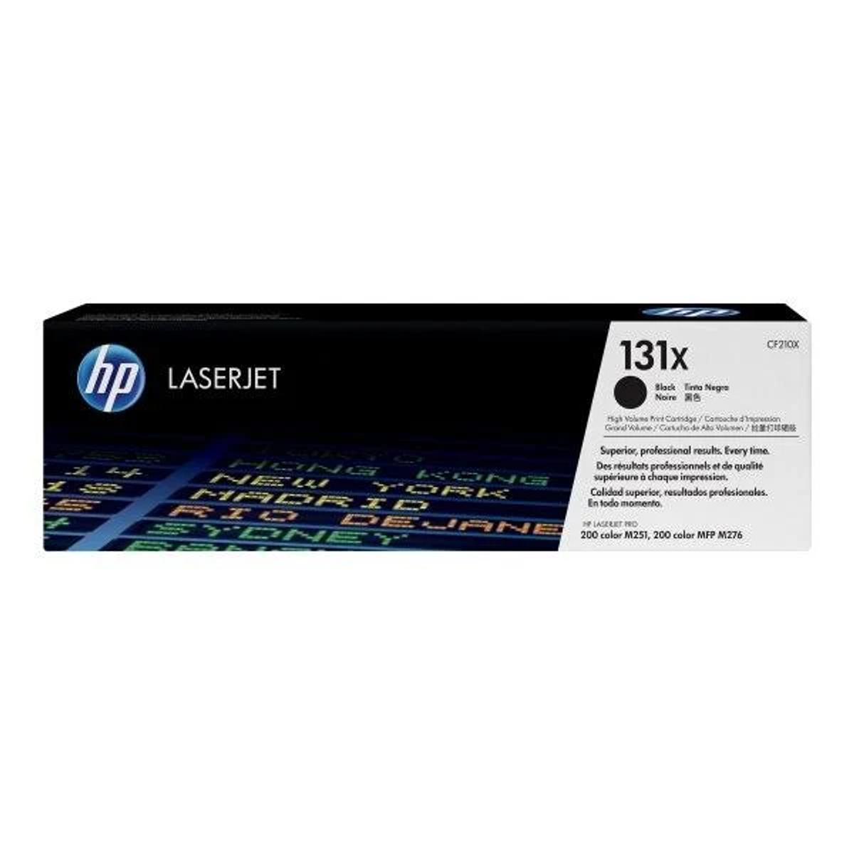 Cartuccia d'inchiostro nero HP LaserJet 131x con nomi di città sul davanti.