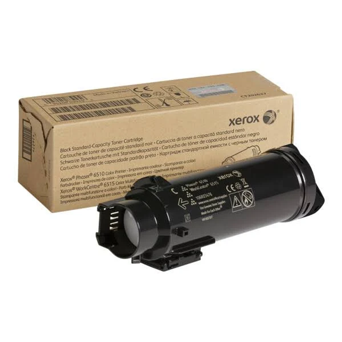 Cartuccia toner Xerox nera per stampanti Phaser 6510/WorkCentre 6515, accanto alla scatola.