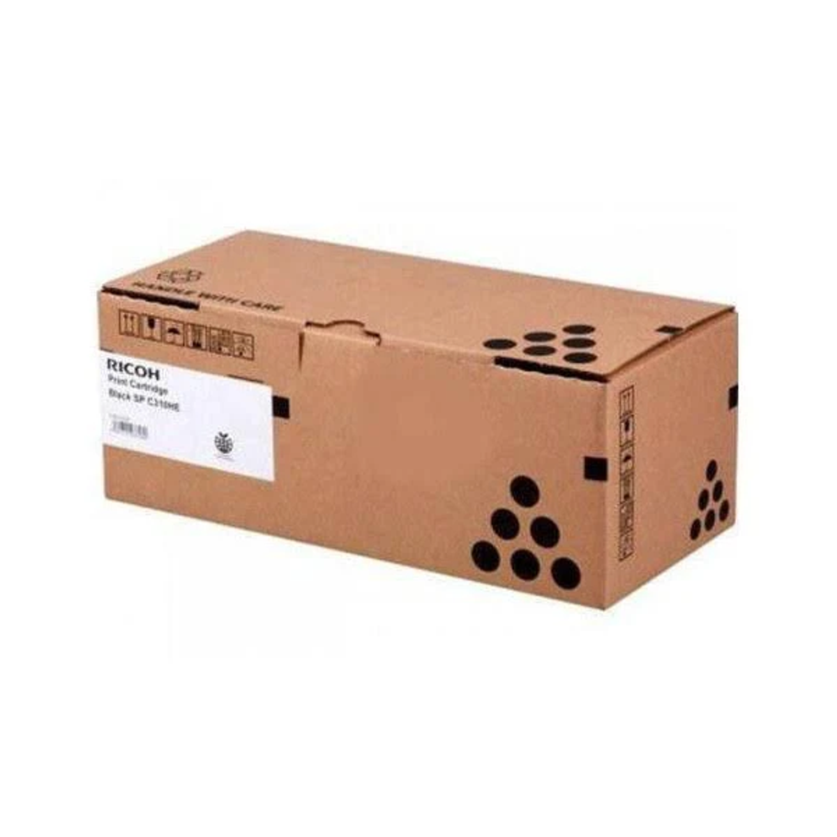 Un cartone marrone con etichetta Ricoh per cartuccia toner nera.