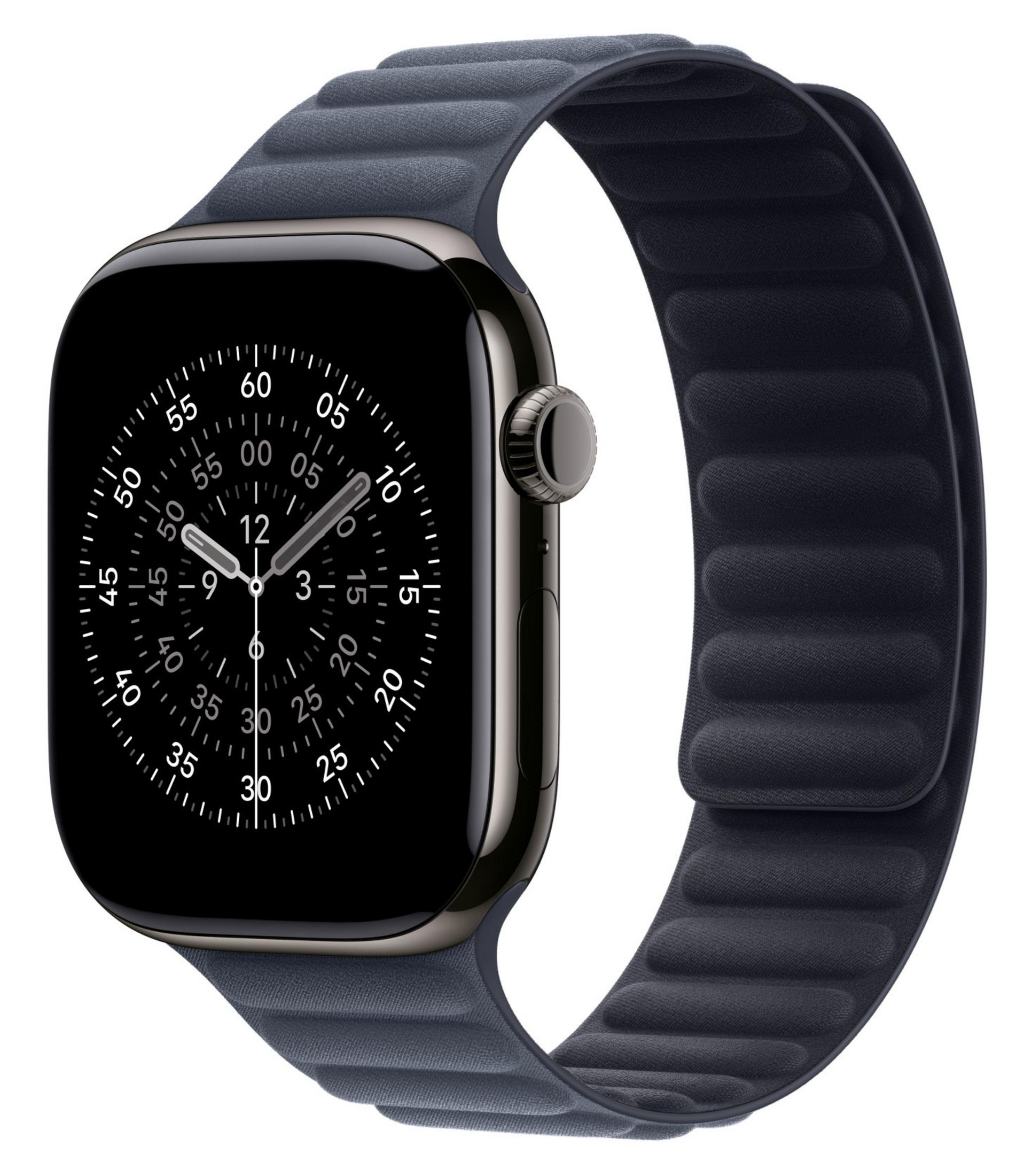Un Apple Watch gris oscuro con banda texturizada gris oscuro se muestra sobre fondo blanco.