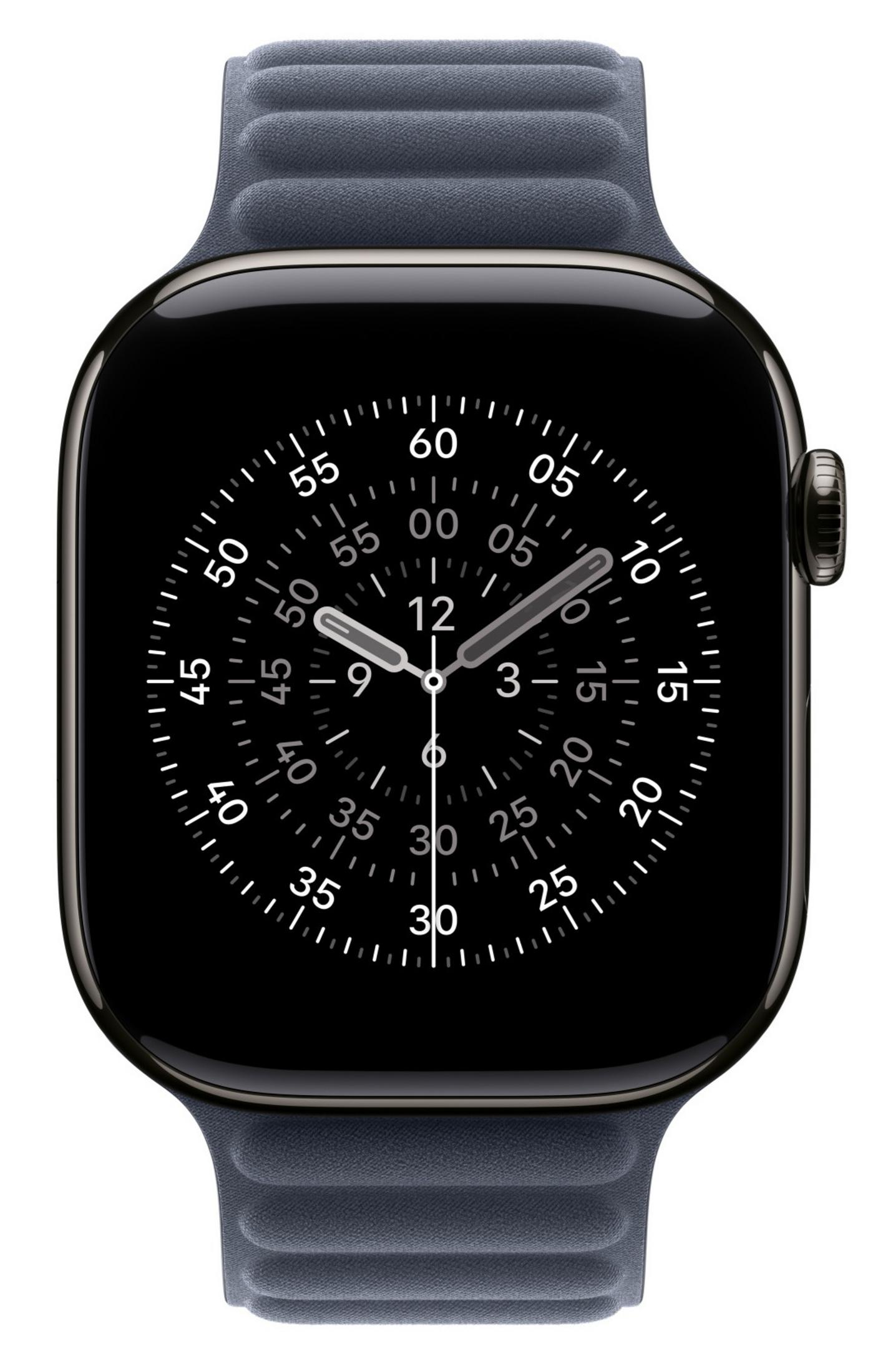 Primer plano de un reloj inteligente con banda azul oscuro y esfera negra que muestra un reloj analógico.