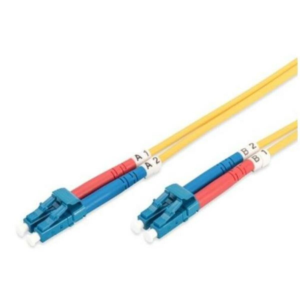 Due cavi in fibra ottica gialli con connettori blu e rossi, etichettati A1/A2 e B1/B2.