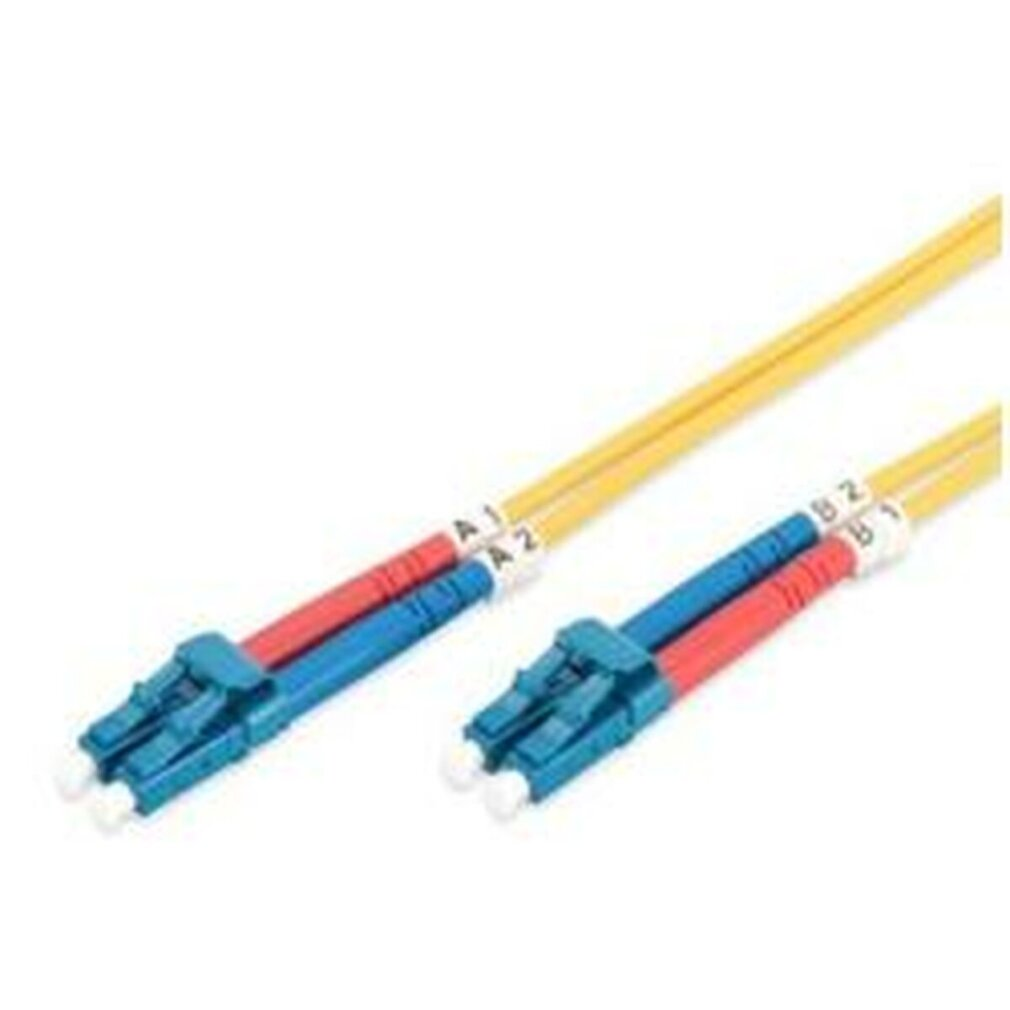 Due cavi in fibra ottica gialli con connettori blu e rossi etichettati A1/A2 e B1/B2.