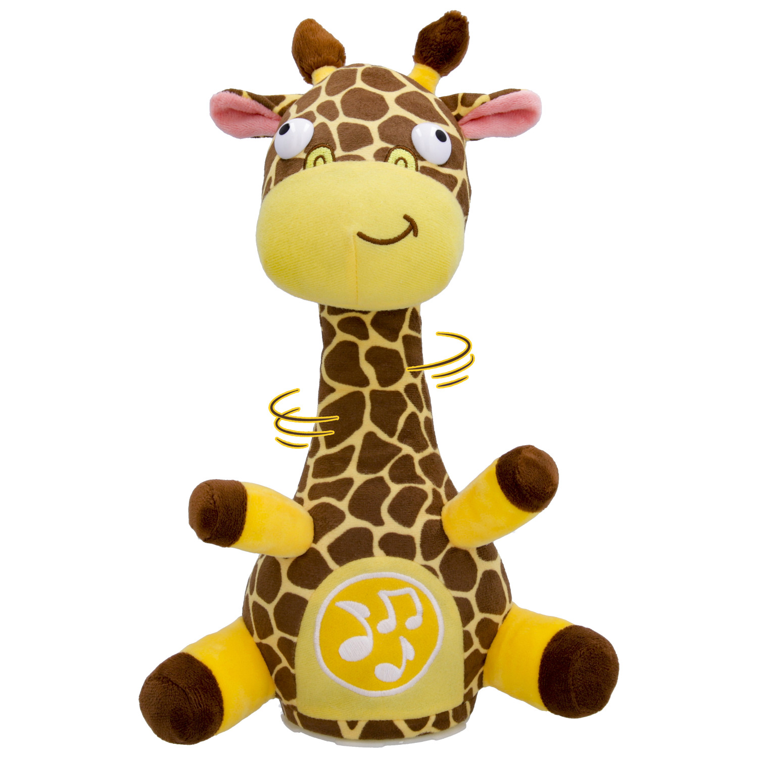 Un peluche a forma di giraffa con macchie marroni, pancia gialla e note musicali.
