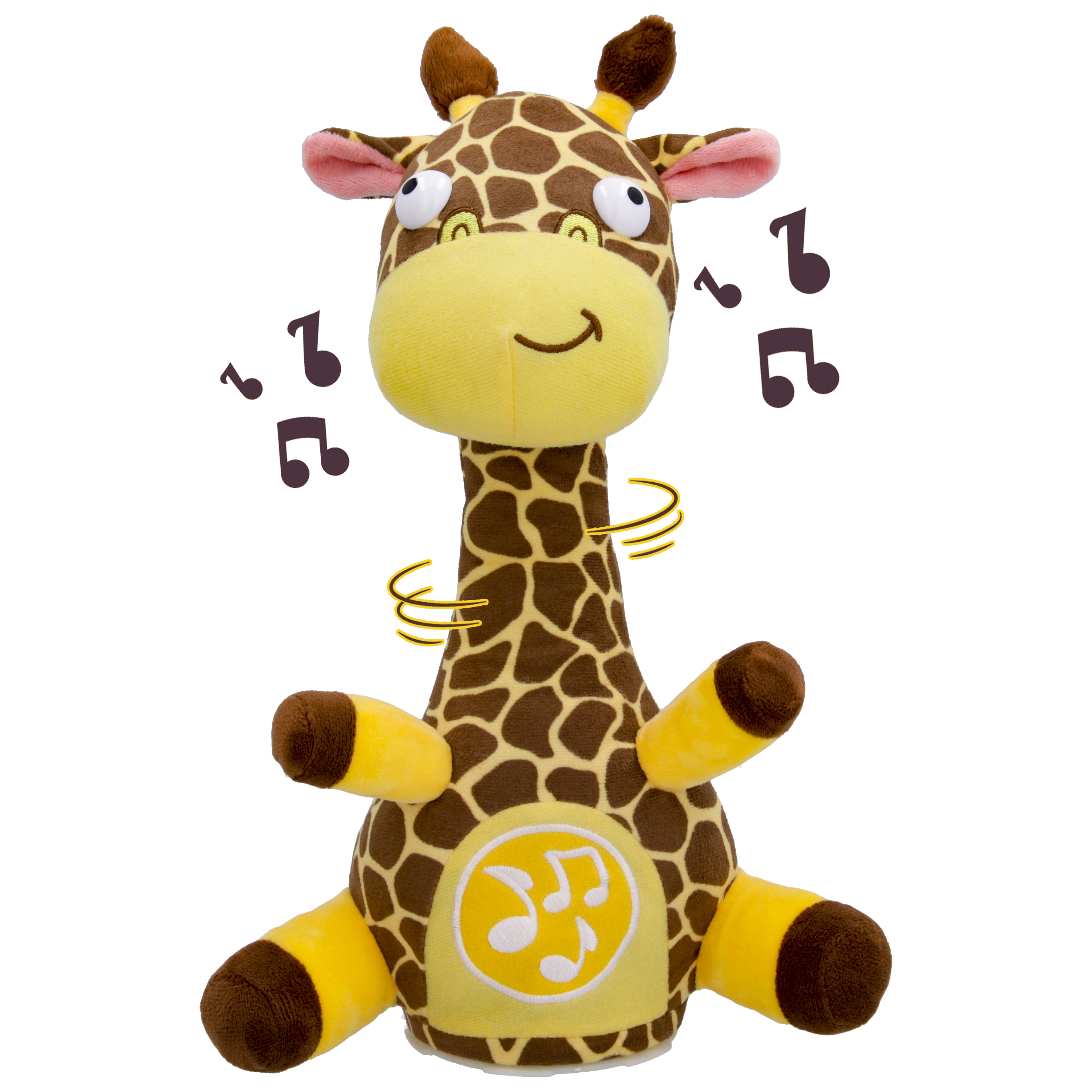 Un peluche di giraffa con macchie marroni è seduto con le gambe divaricate. Note musicali circondano la testa.