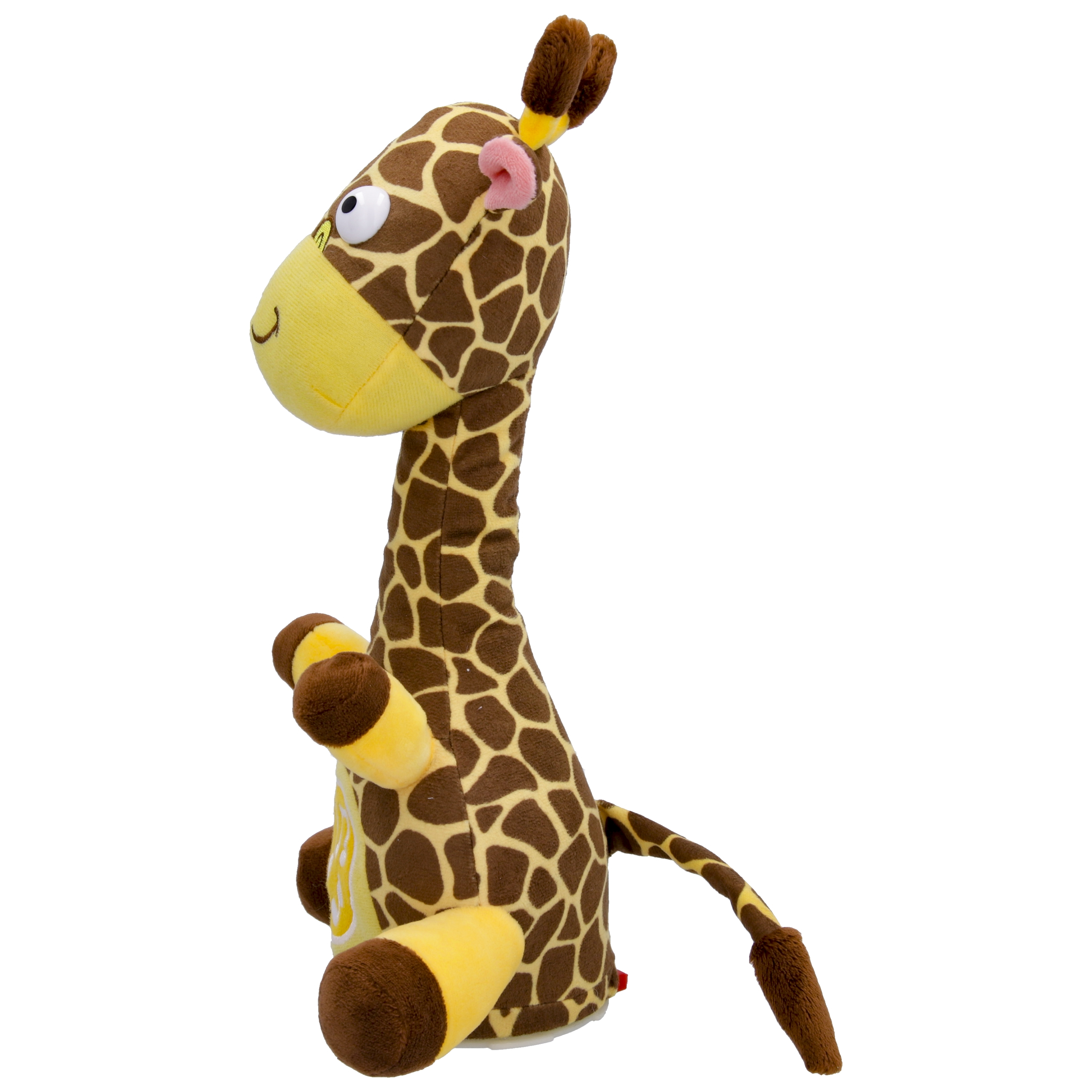 Un peluche di giraffa maculato di marrone con accenti gialli è seduto su sfondo bianco.