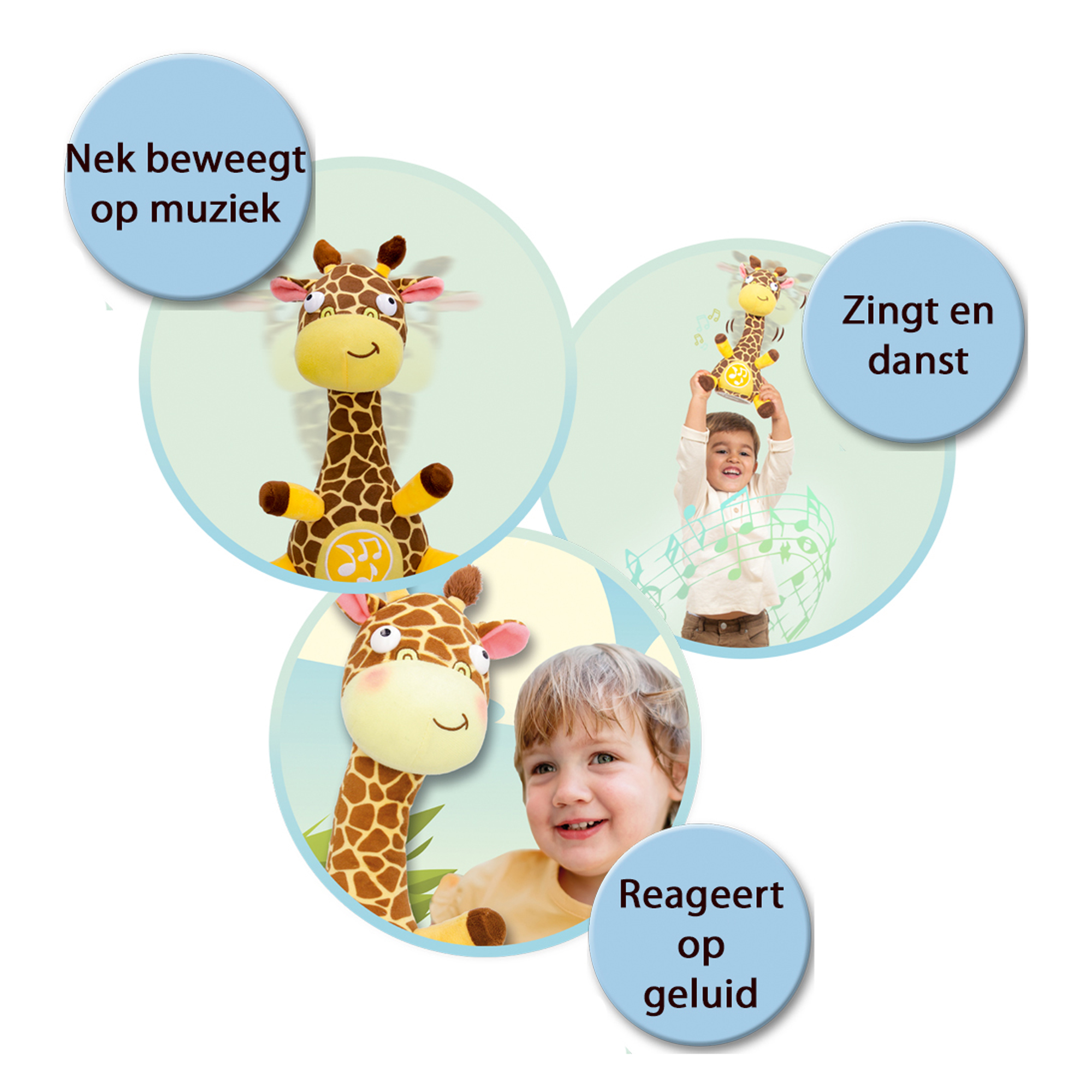 Un peluche giraffa reagisce alla musica, balla con un bambino e risponde al suono.