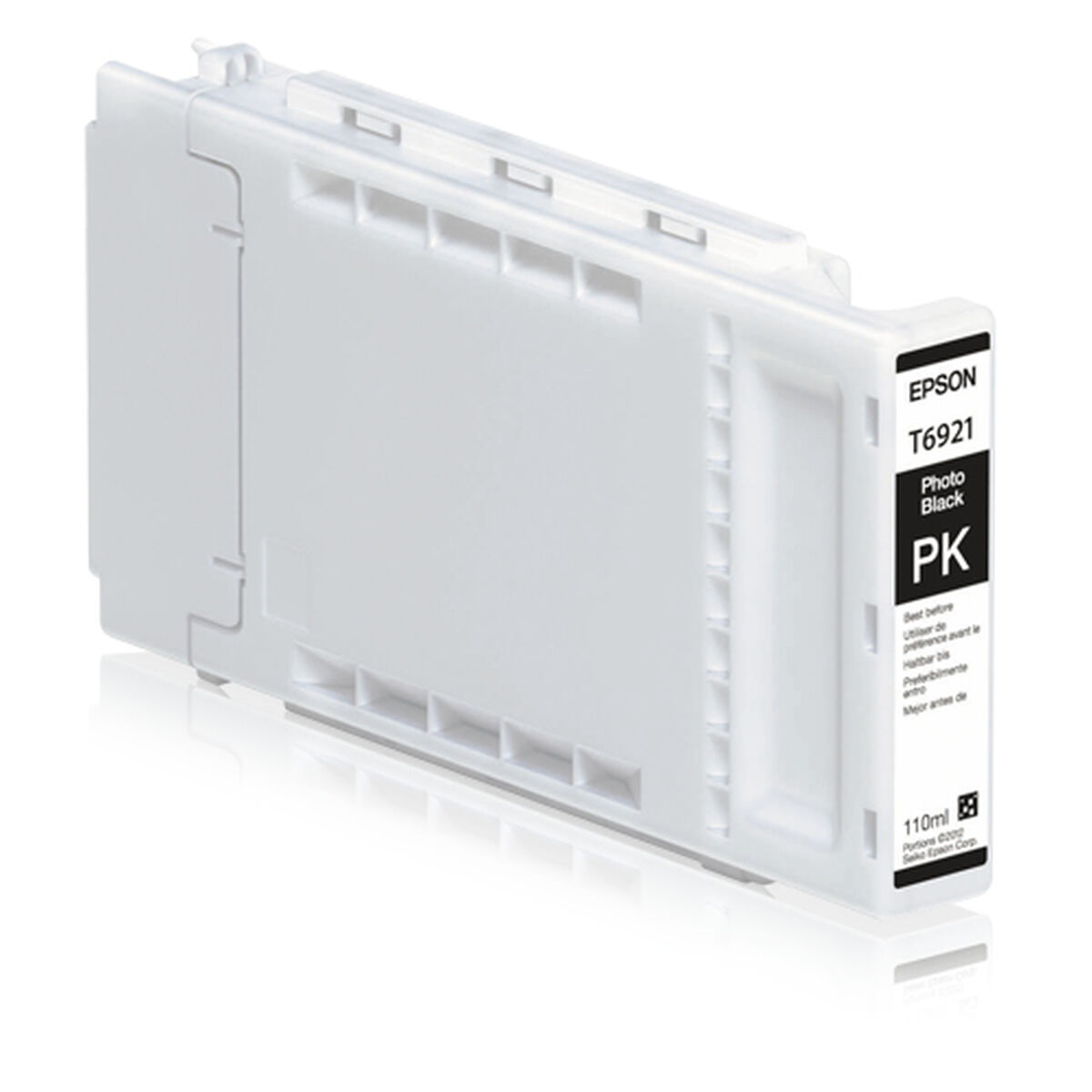 Een witte Epson T6921 foto zwarte inktcartridge.