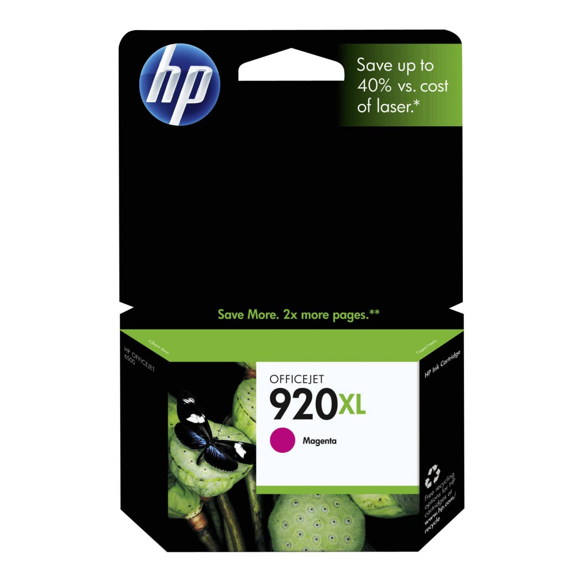 HP Officejet 920XL Magenta Tintenpatrone mit Schmetterling auf Lotusknospen.