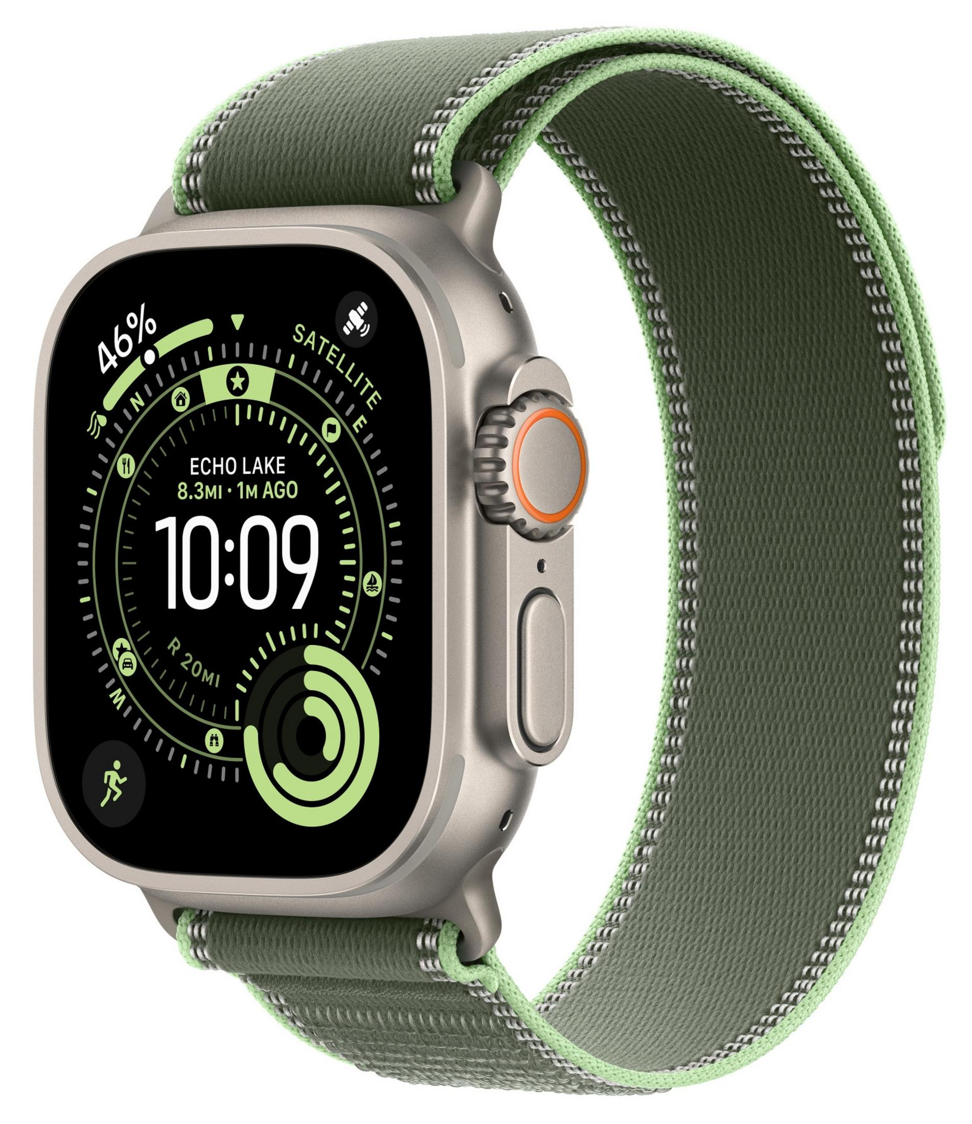 Un Apple Watch Ultra argento con cinturino verde intrecciato mostra le 10:09 e il 46% di batteria.