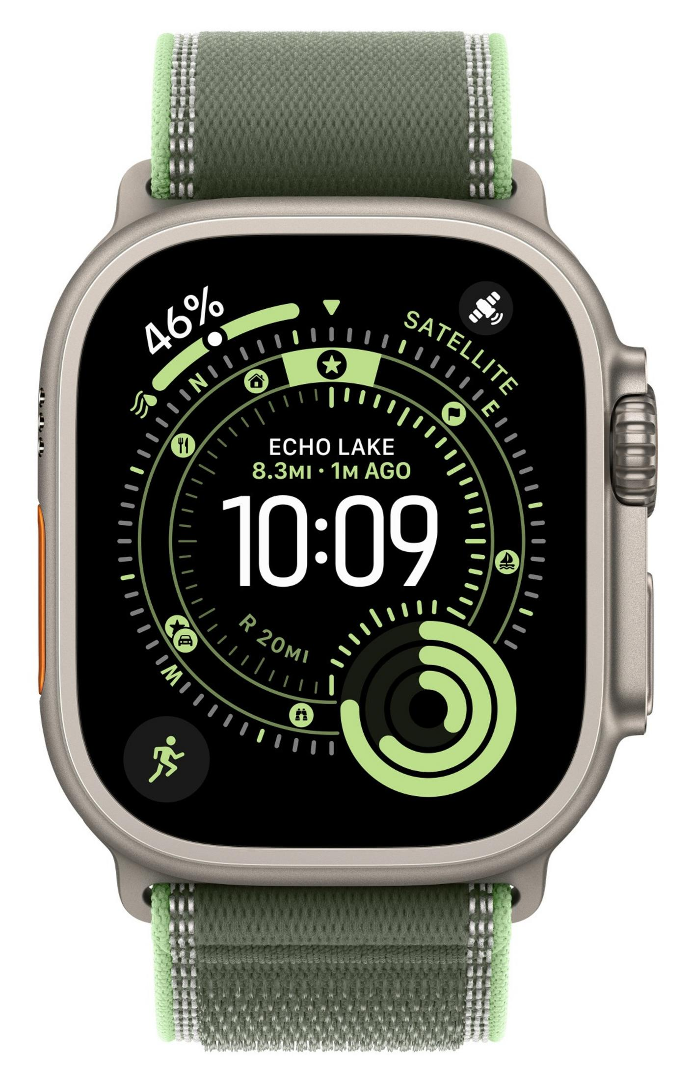Uno smartwatch grigio con cinturino in tessuto verde mostra le 10:09, 46% di batteria e info satellitari.
