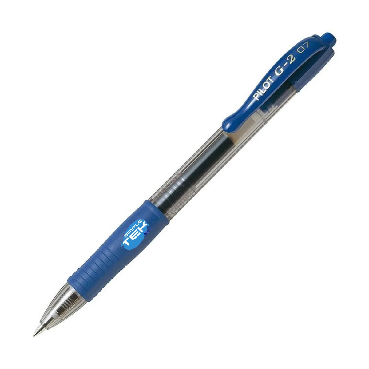 Una penna gel Pilot G-2 07 blu con corpo trasparente e impugnatura testurizzata.