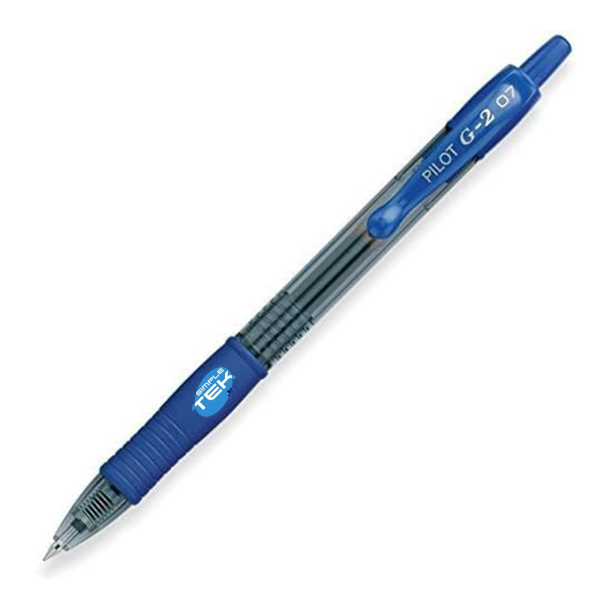 Una penna gel blu Pilot G-2 07 con fusto trasparente e impugnatura blu.