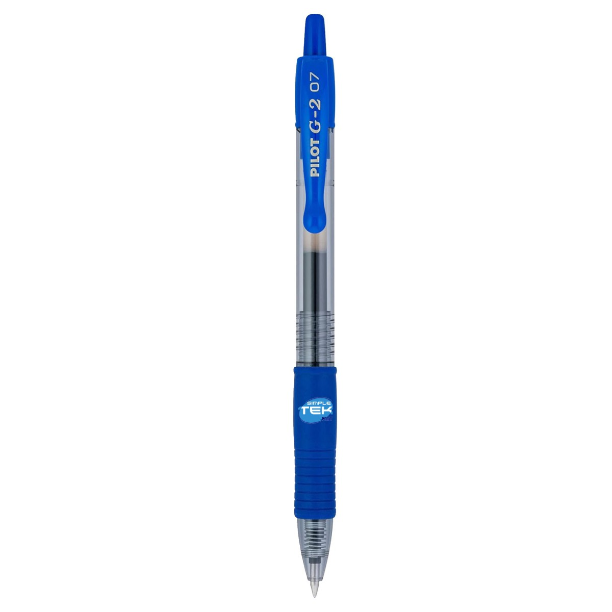 Una penna gel blu Pilot G-2 07 con fusto trasparente e impugnatura in gomma.