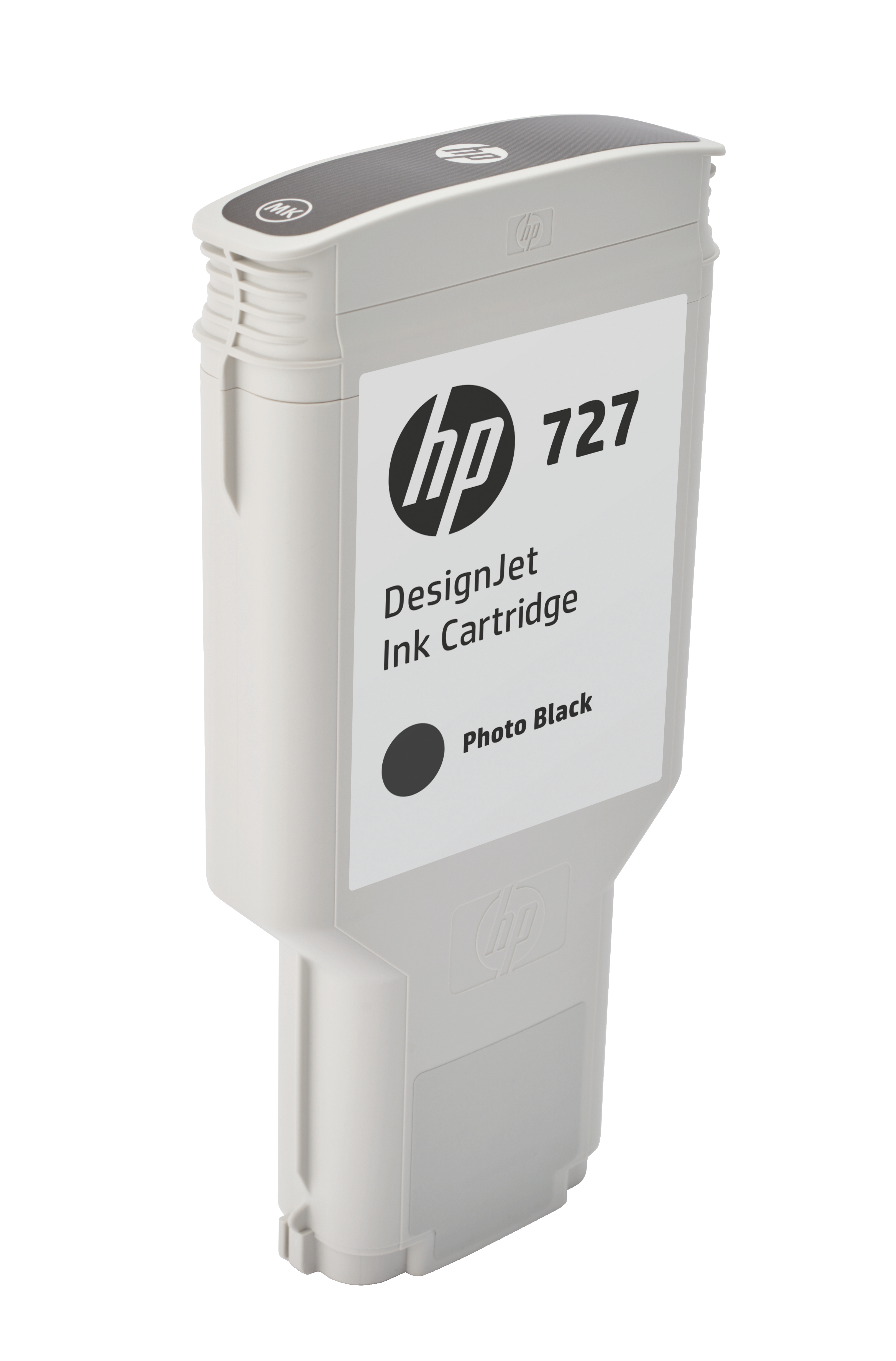 Szara kaseta z atramentem HP DesignJet 727 do druku czarnego fotograficznego.