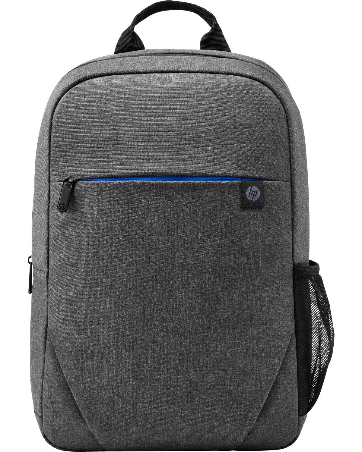 Uno zaino HP grigio con bordo blu sulla cerniera e una tasca laterale in rete.