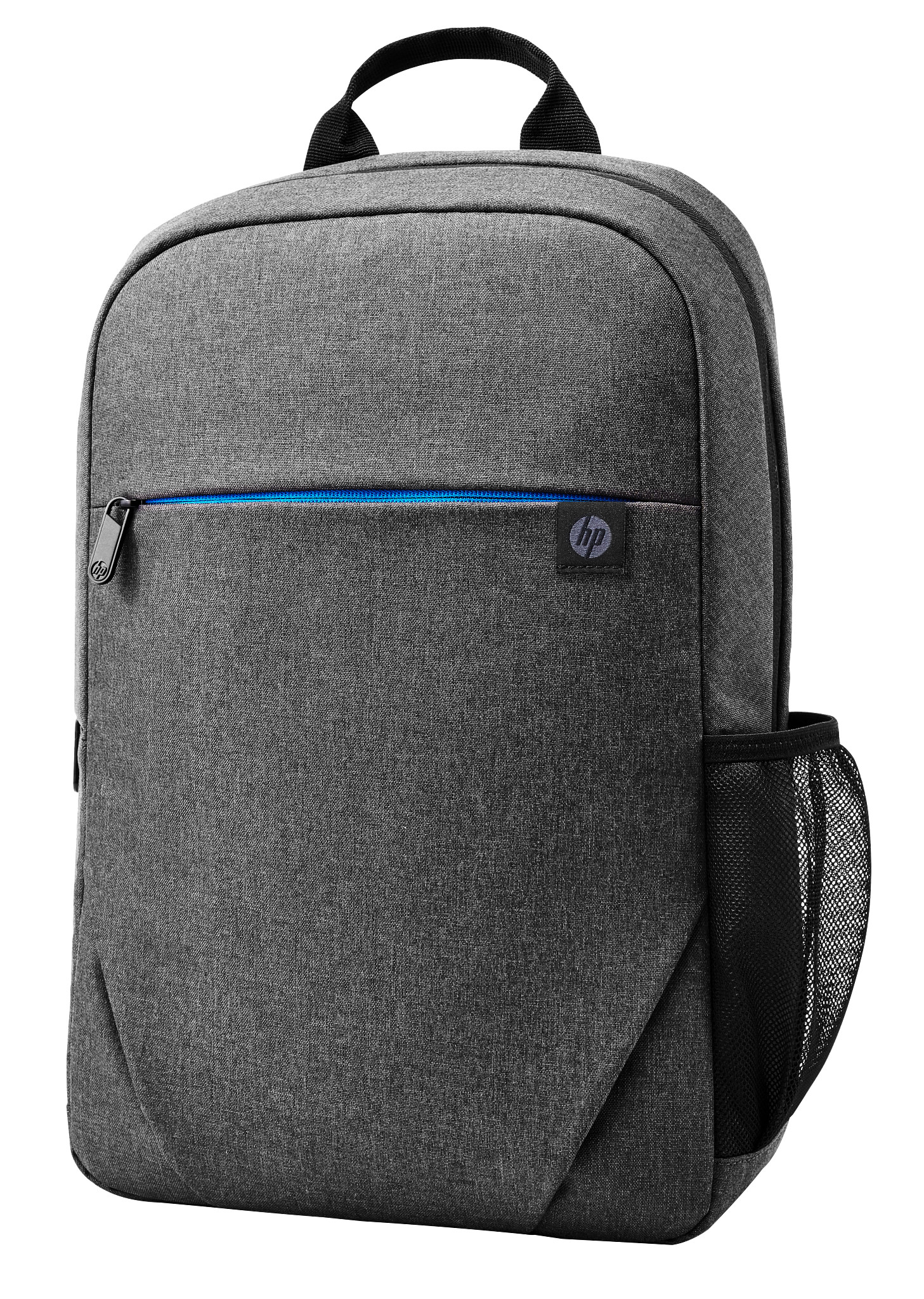 Uno zaino HP grigio con dettaglio cerniera blu e tasca laterale in rete.