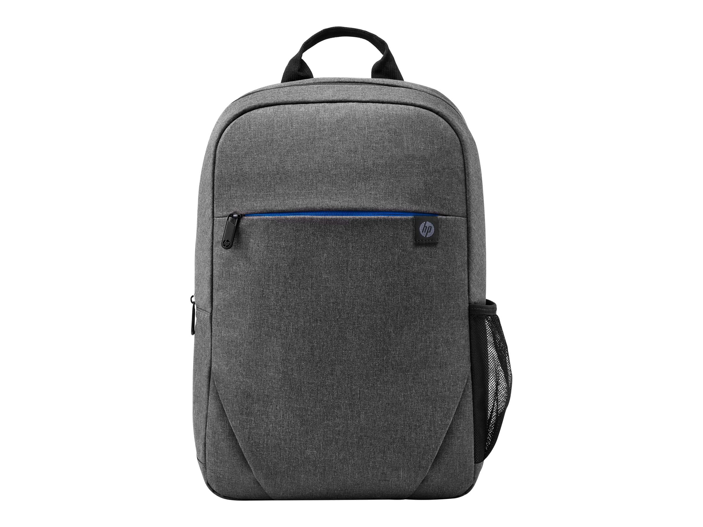 Zaino grigio con manico nero, cerniera blu e logo HP. Tasca laterale in rete.
