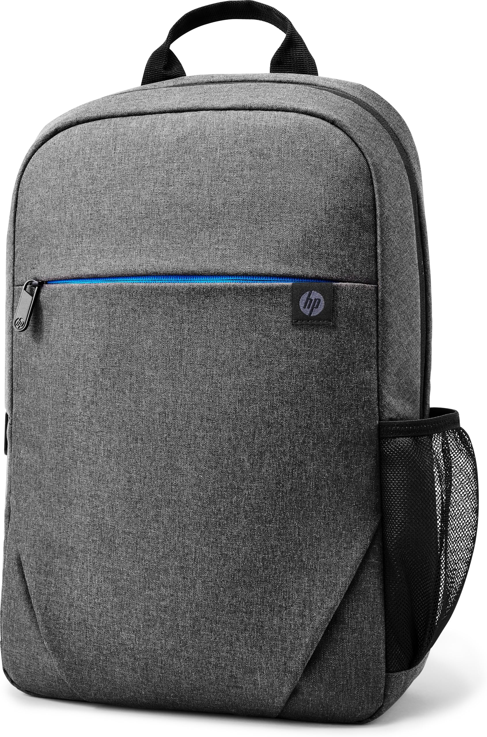 Zaino grigio con zip blu e logo HP.