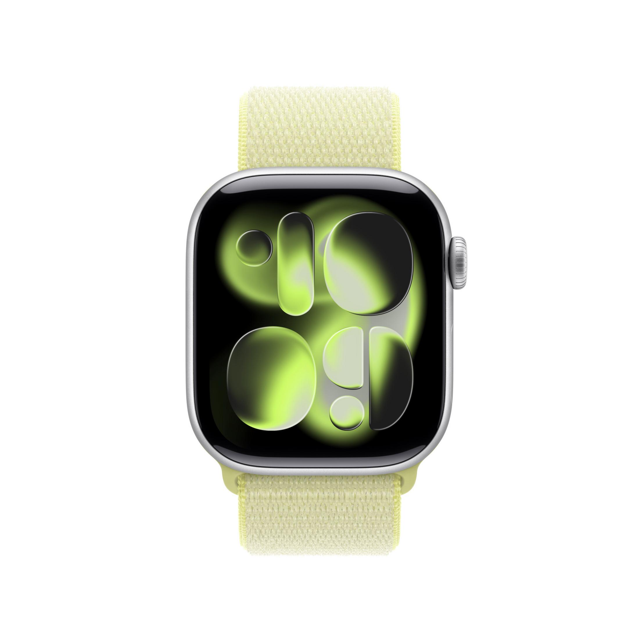 Orologio smart argentato con cinturino giallo intrecciato mostra un'ora digitale astratta verde.