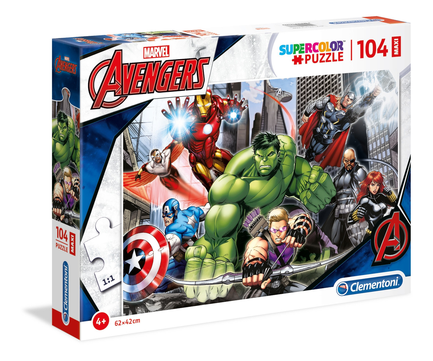 Scatola puzzle Avengers con Hulk, Iron Man, Captain America, Thor, Black Widow, Hawkeye, Falcon, Nick Fury.