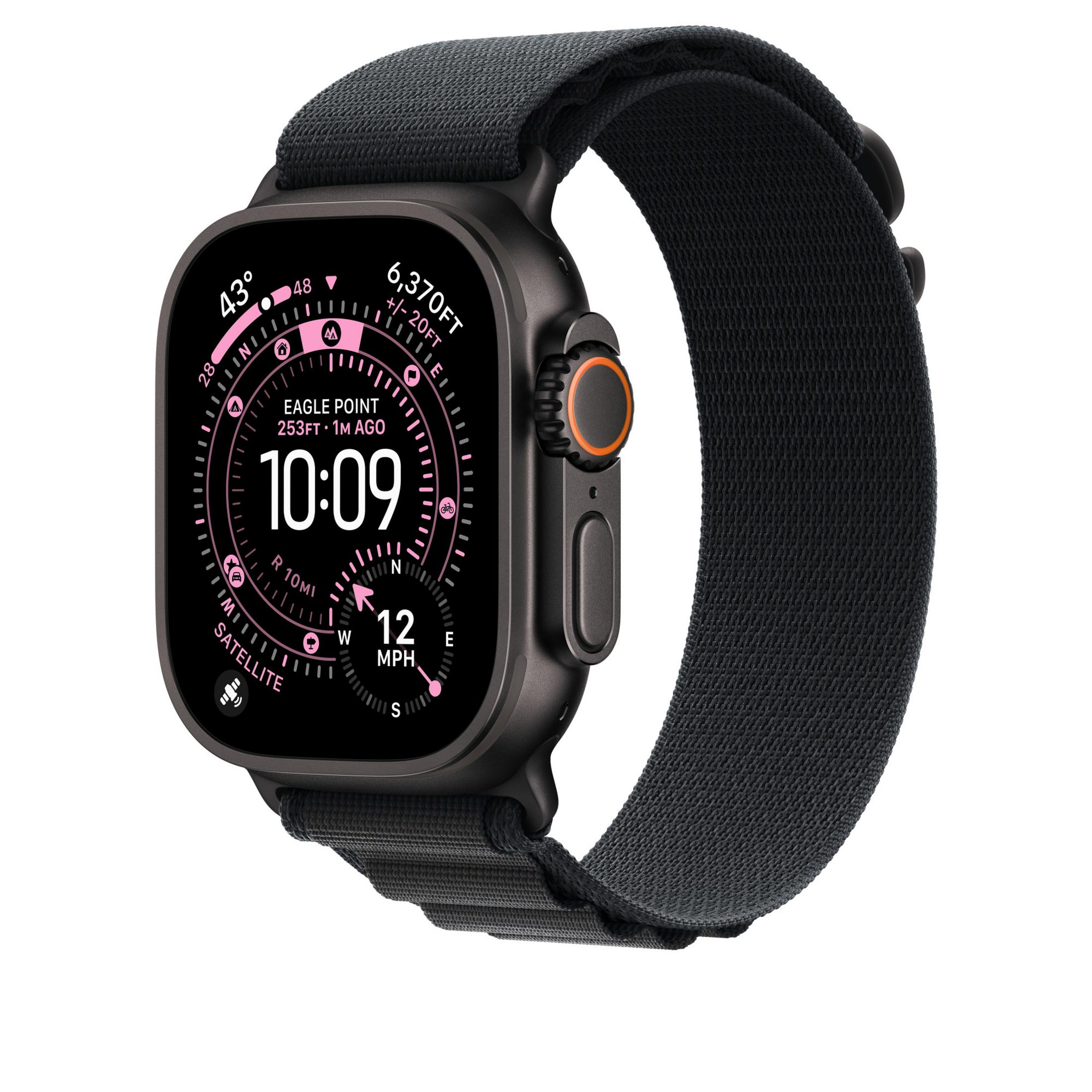 Reloj inteligente negro con banda tejida gris oscuro. La pantalla muestra hora, altitud y brújula.