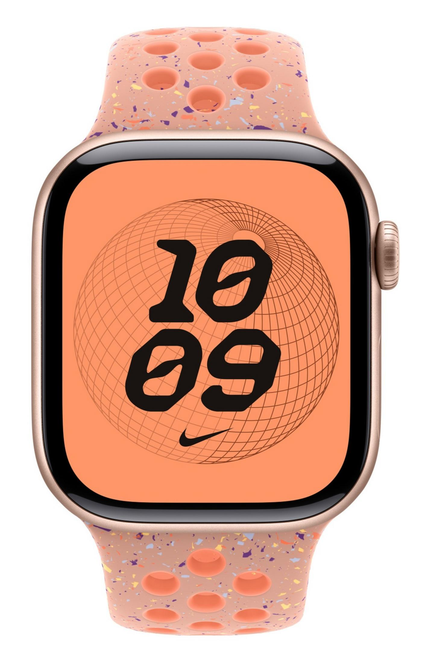 Un Apple Watch oro rosa con cinturino pesca screziato mostra le 10:09 su quadrante arancione.