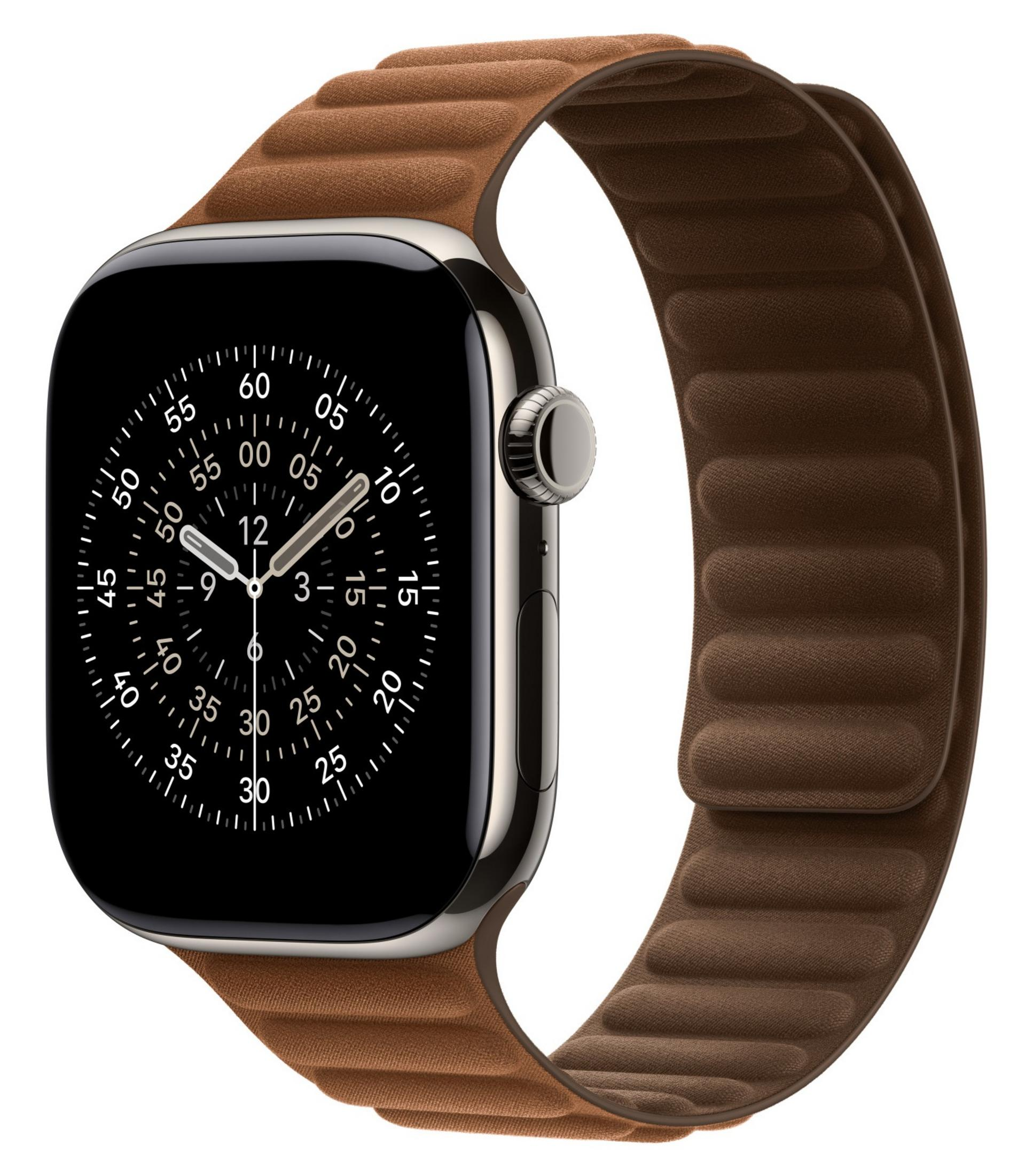 Uno smartwatch moderno con cinturino intrecciato marrone e quadrante digitale nero che mostra l'ora.