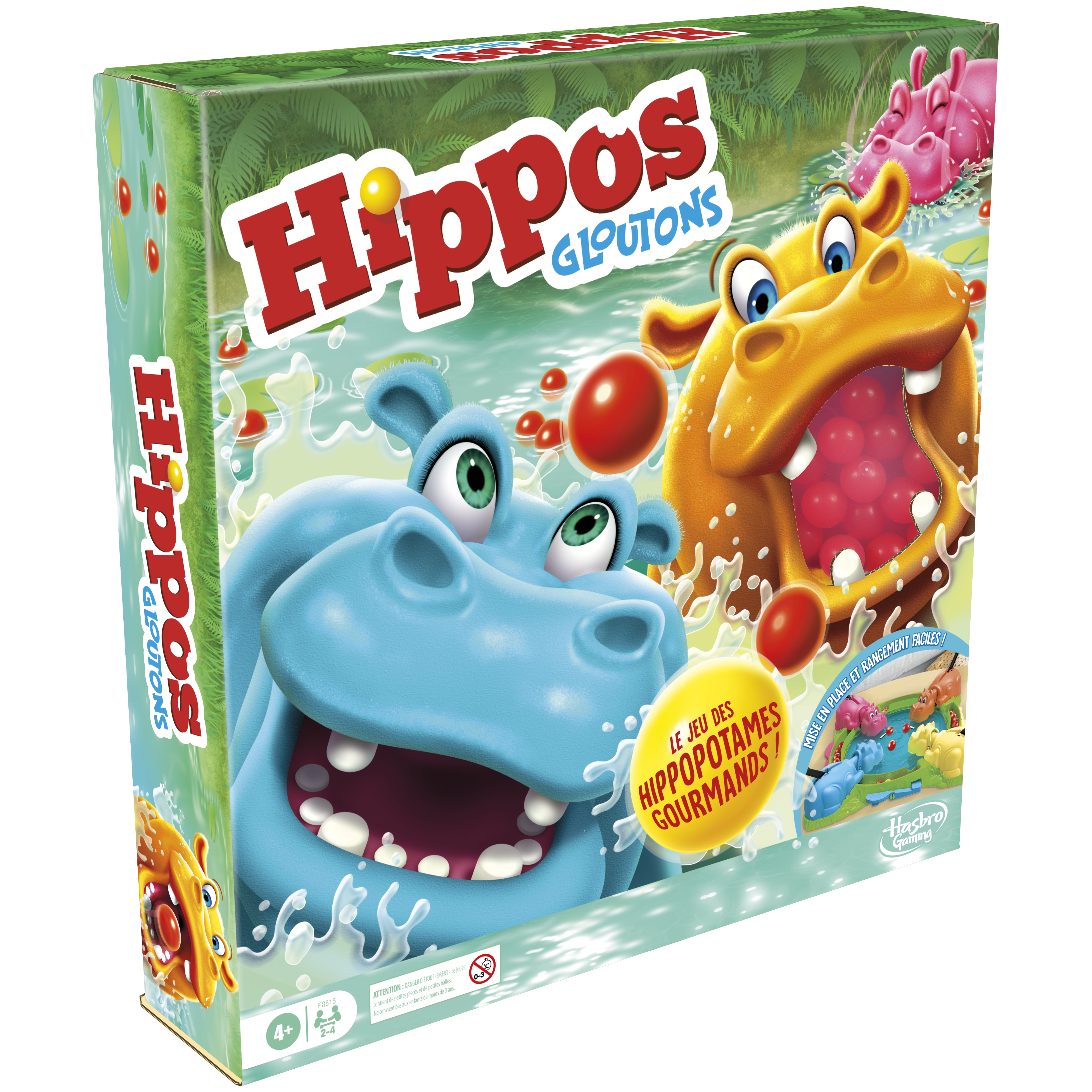 Box-Art für das Spiel Hippos Gloutons mit Cartoon-Flusspferden und roten Bällen im Wasser.