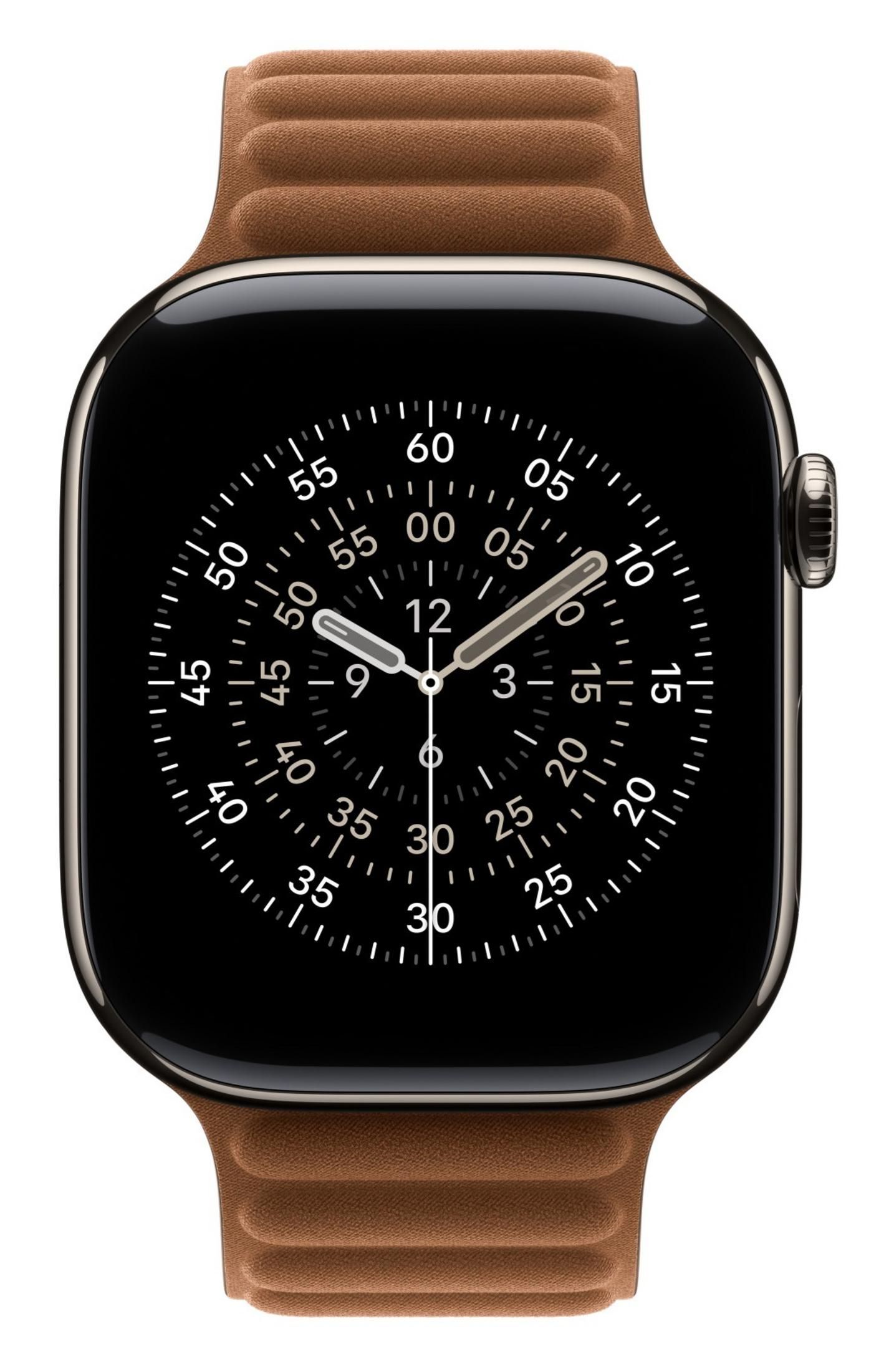 Uno smartwatch con schermo nero e cinturino in pelle marrone mostra un quadrante analogico minimalista.