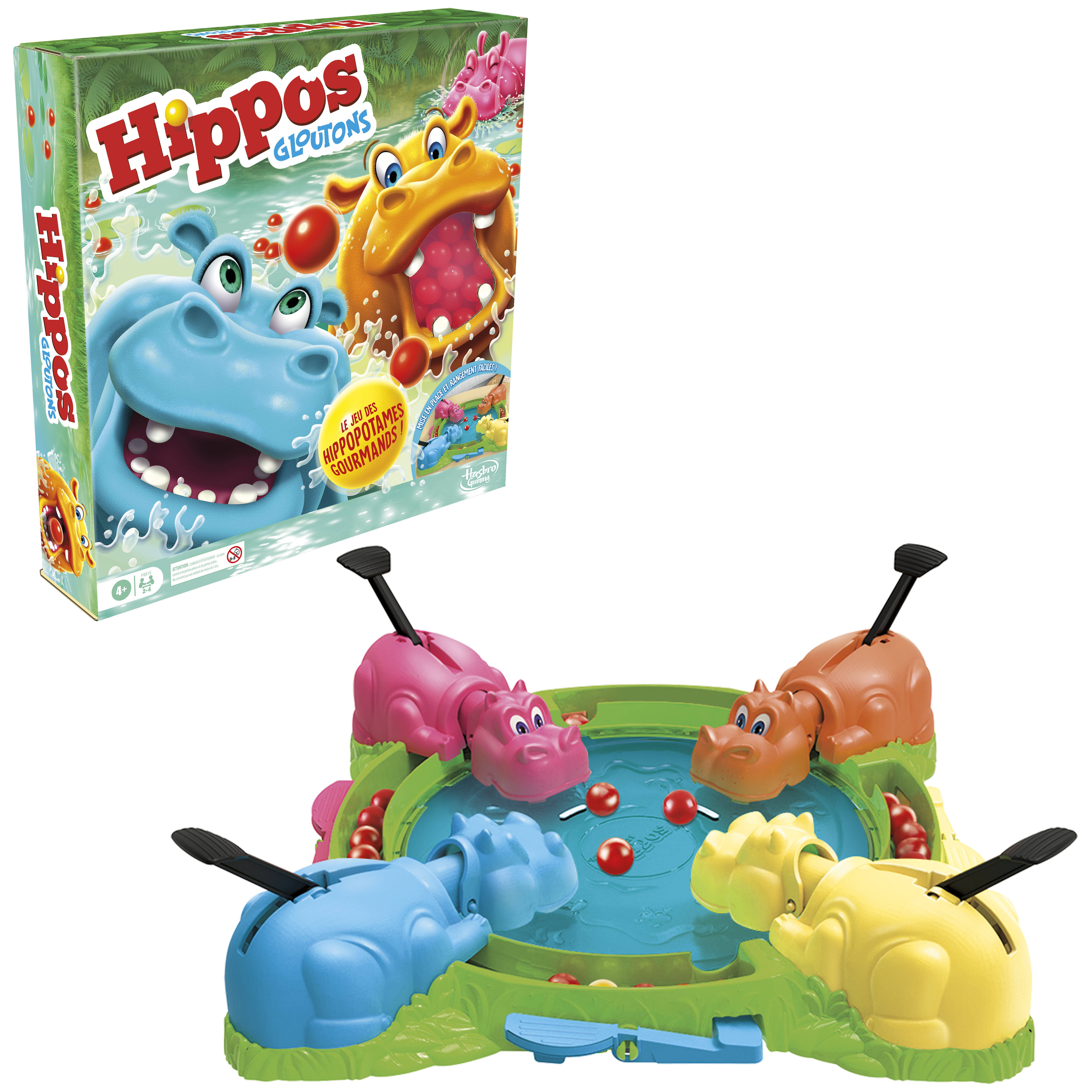 Hippos Gloutons Spielzeug mit vier niedlichen Nilpferden und roten Kugeln.