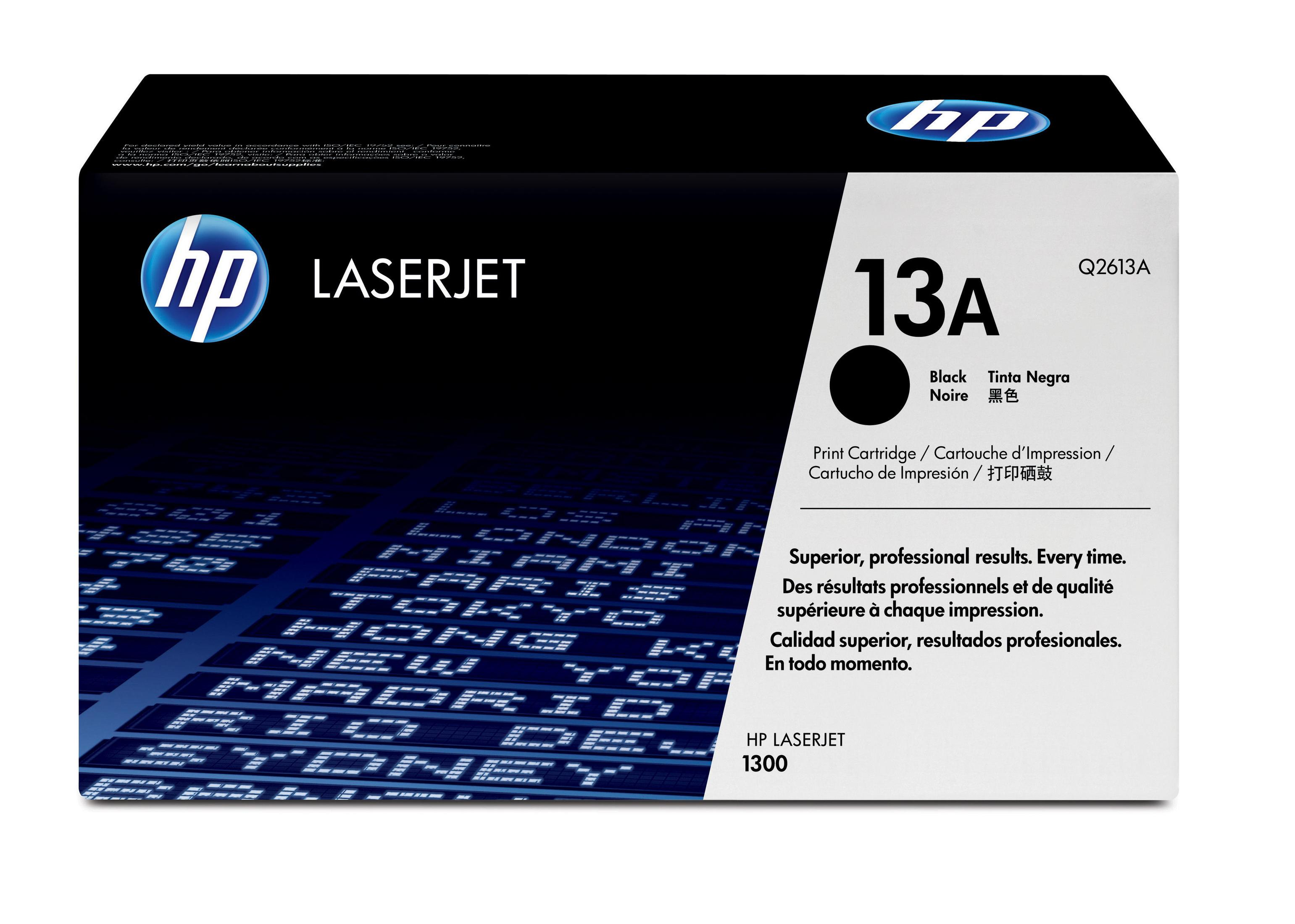 Q2613A model numaralı HP LaserJet 13A siyah yazıcı kartuşu kutusu.
