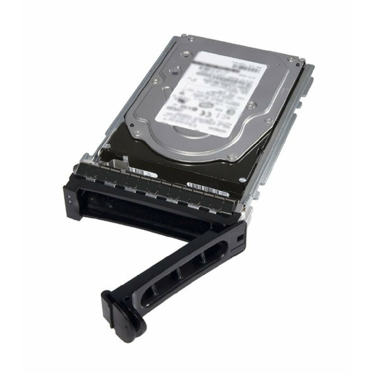 Un hard disk argentato con vassoio e maniglia neri, isolato su sfondo bianco.