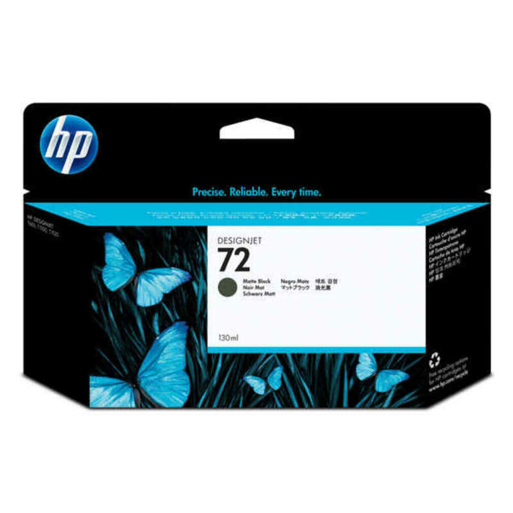 Scatola cartuccia inchiostro HP DesignJet 72 con farfalle blu e testo.