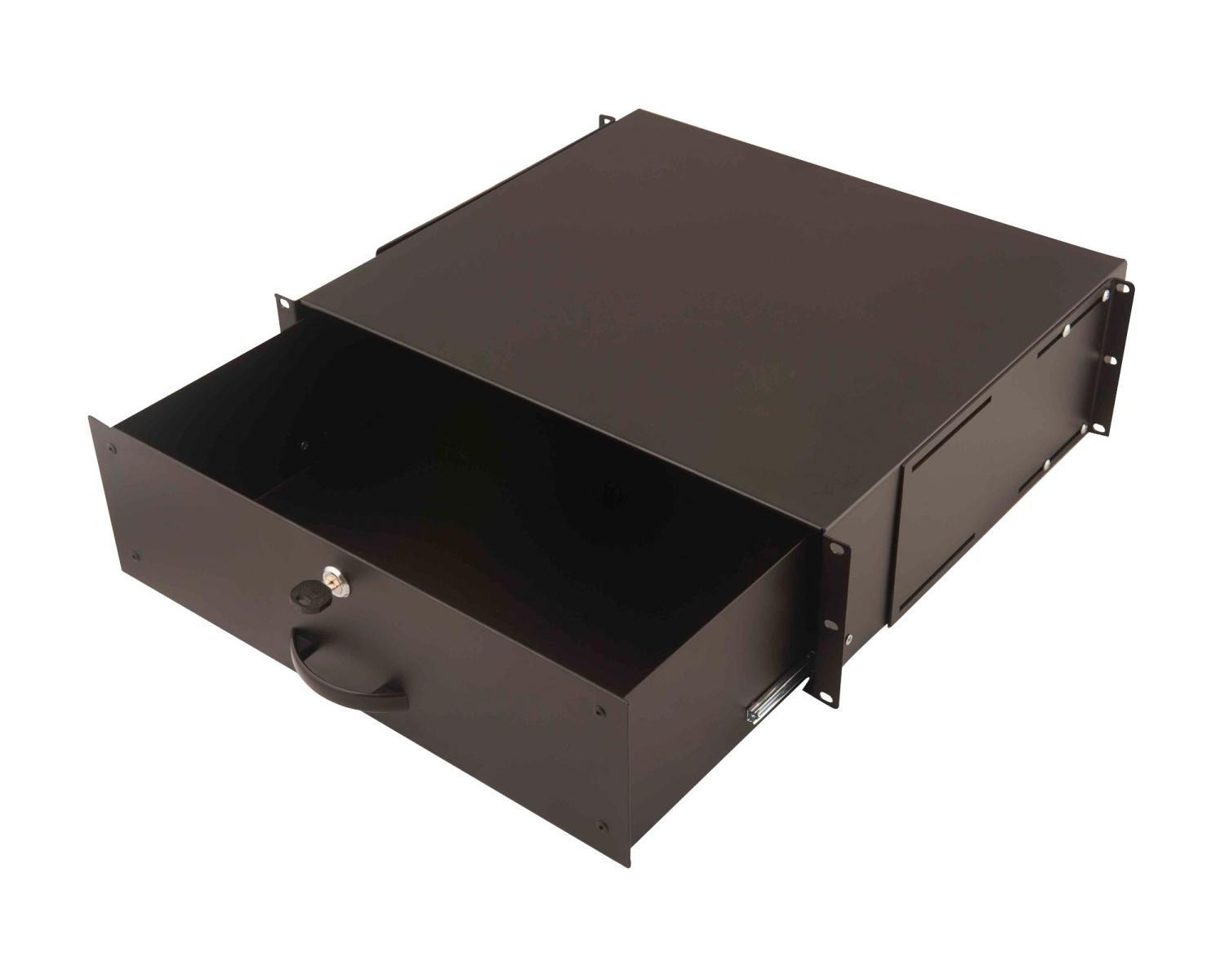 Cassetto rack nero con maniglia e serratura, parzialmente estratto.