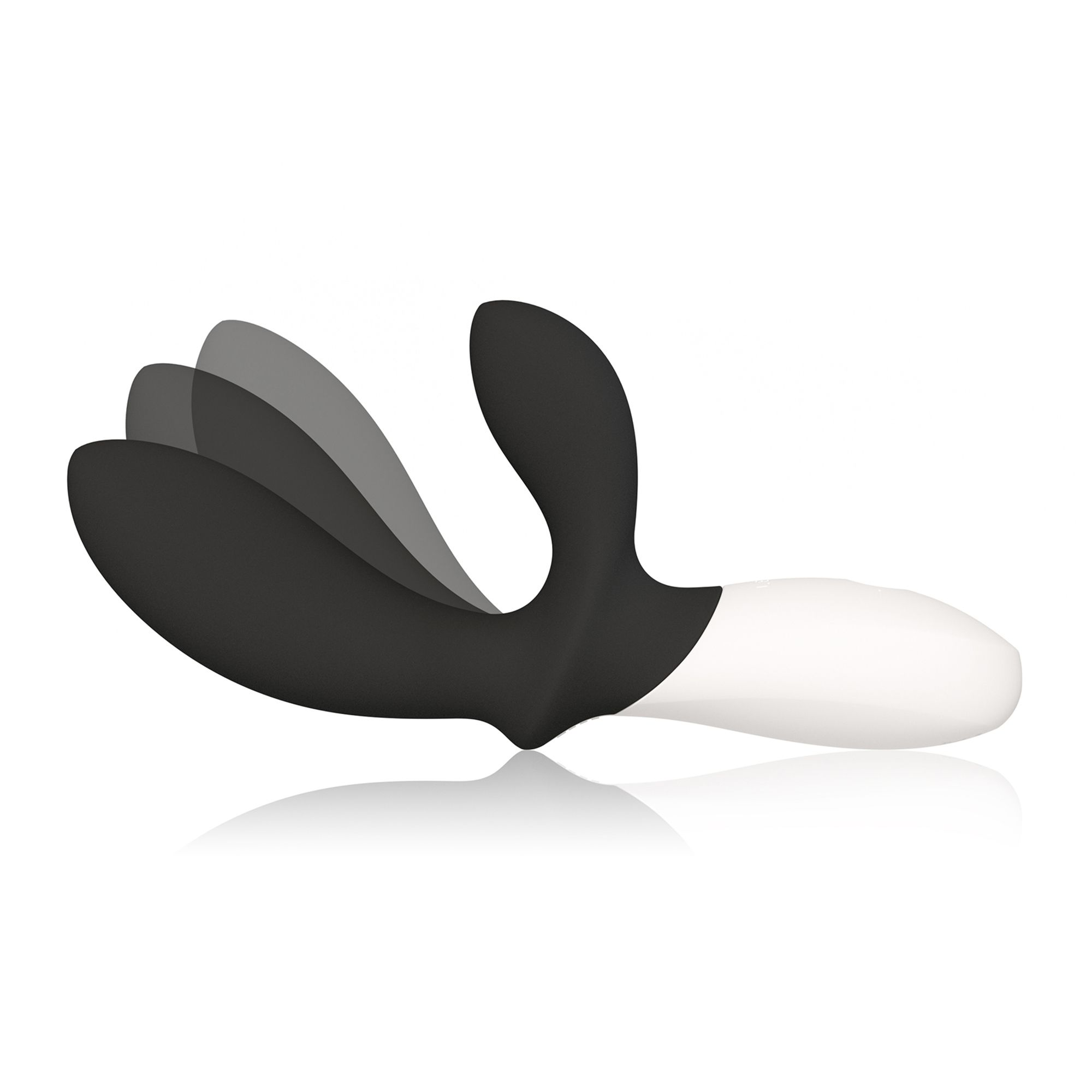 Un vibrador blanco y negro con forma curva, aislado sobre fondo blanco.
