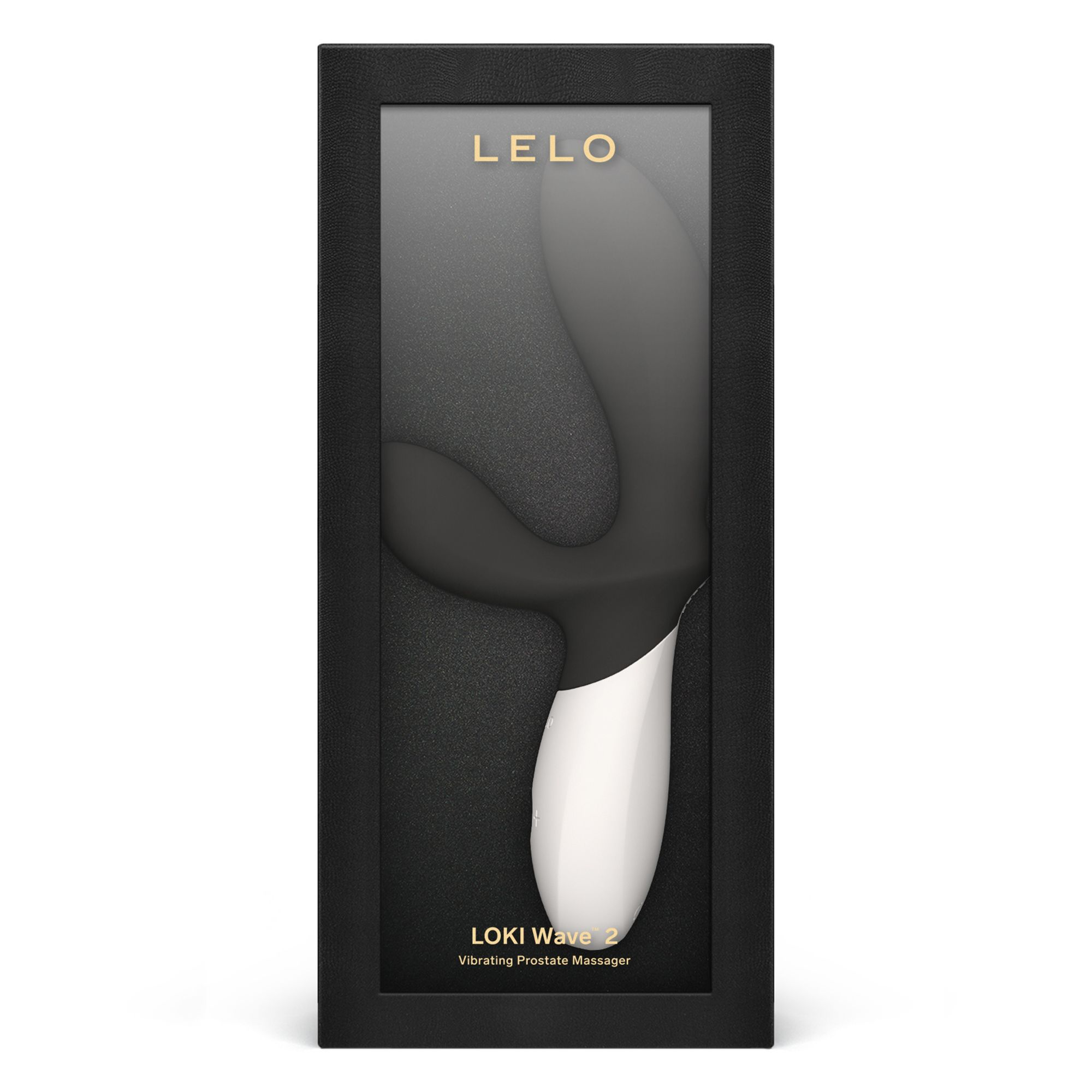 Embalaje de un masajeador de próstata vibratorio LELO LOKI Wave 2, negro y blanco.