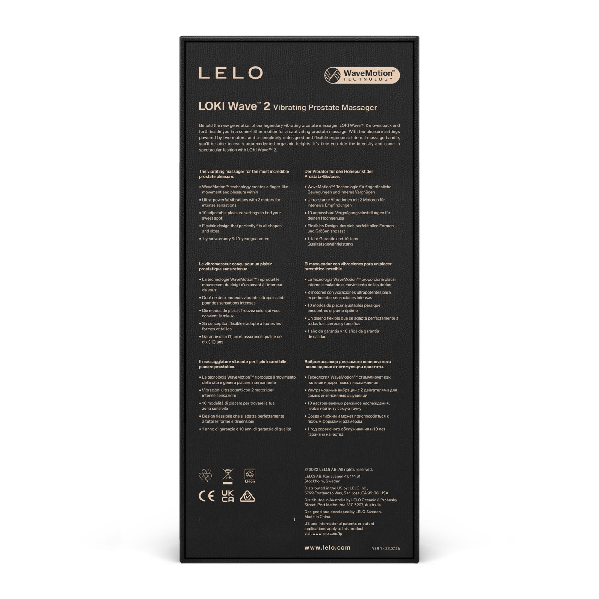 Embalaje para masajeador prostático vibratorio LELO LOKI Wave 2 con información del producto.